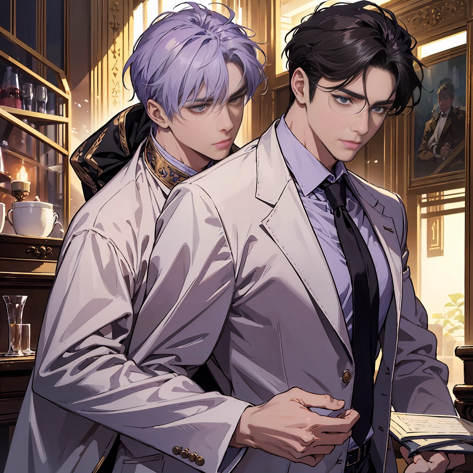 anime.Constantine the Great, Roman Emperor Constantine the Great resurrected in modern times。34 years old。one adult male。Long body。broad shoulder。thick neck。eyes like a lion。Bright and sharp eyes。Looking here。Sincere and kind。Kind and reliable。Deal with it sternly if necessary.。talented and hardworking businessman。successful gentleman。careerist。he is wearing a high quality white suit。dark purple tie。Light purple shirt。forceful。An overwhelming sense of control。romance novel hero。Bold composition。look up to。lyrical。Dramatic。heartful。Romantic。opulent。elegan。elegance。Venice background in the sunset。​masterpiece。top-quality。Super beautiful。The ultra -The high-definition。detaileds。exquisite。