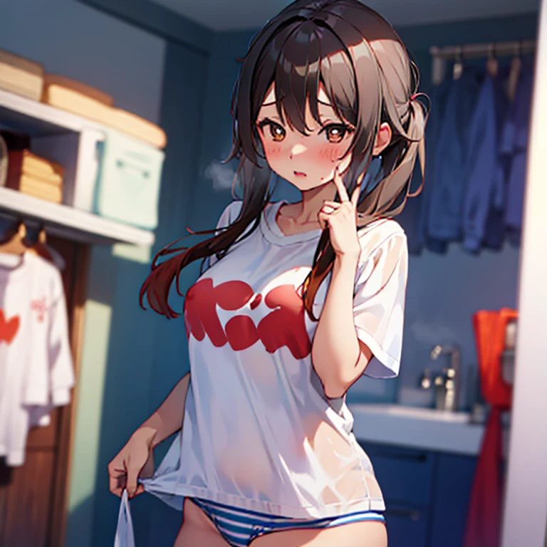 T-shirt oversized, ahegao, blush, wet, white Stripe blue striped panties, see through, nipple, sad, Toddler, full body, bathroom