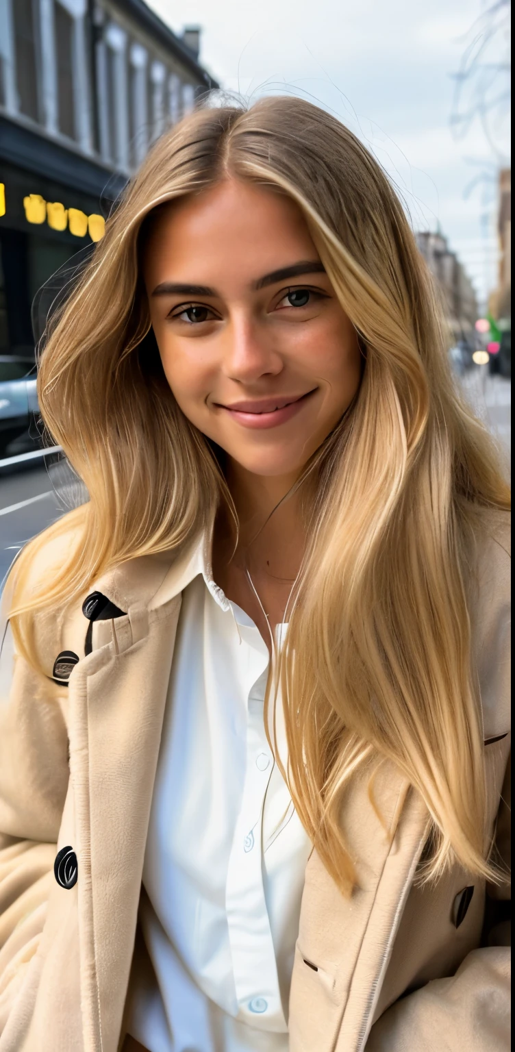 (RAW Photo), DSLR,F/1.2,  a young woman wearing long coat and shorts ,building,nettop,long hair,blond wavy hair,realistic skin, skin imperfections, (real skin:1.1), ((tan skin)), (detailed skin), stunning, semi full breast ,, full lips, a symmetrical face, a big smile, a wider waist-hip ratio, healthy hair,  clear skin, and big eyes, Low ISO, RAW, analog, depth of field, 50mm f/1.2 S Lens, standing , midday, imperfections,  , realistic background, detailed background,