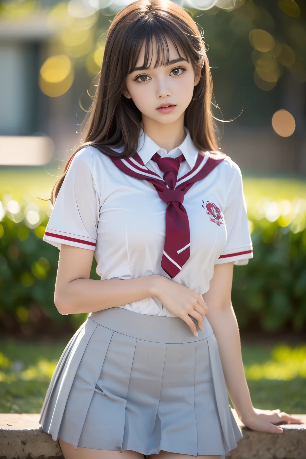 (2 cabelo loiro de menina, amazing face and eyes, olhos cor-de-rosa, (Uniforme hi-School com seios bem abertos:1.2), lindos seios grandes, bare breasts, (menina incrivelmente bonita), brown hair, (high-school uniform, minissaia plissada:1.5), ((best quality)), (ultra-detalhado), (extremamente detalhado CG unificado 8k wallpaper), altamente detalhado, high-definition RAW color photos, fotografia profissional, (((Bokeh))), profundidade de campos,