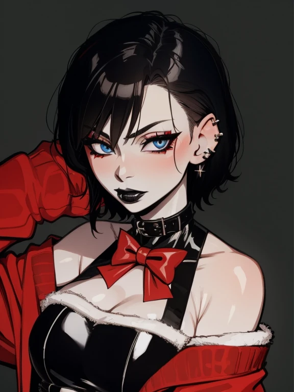 Santa punk milf, ear piercing, goth, gothic, sexy, christmas outfit, pale skin, pale blue eyes, short hair, black hair, black lipstick, santa outfit