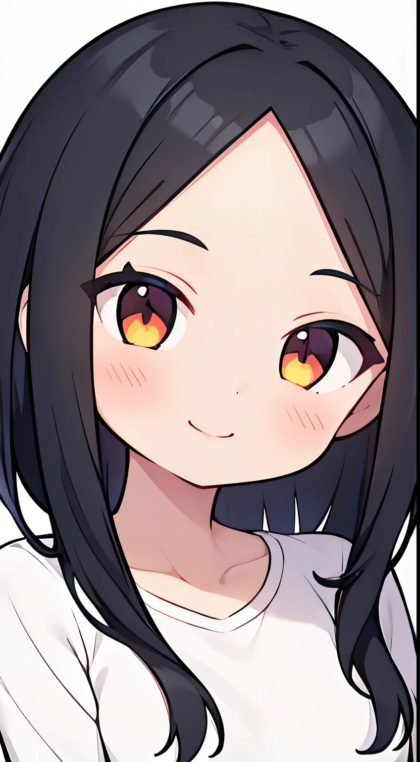 One girl with black hair, hair length until bust, straight hair, hair parted in center of head, round face. hairstyle with a center part, that the hair should be parted down the middle, creating a symmetrical look without any frontal hair covering the forehead. Looking straight. Looking straight at viewers. Smiling. Happy. Wearing casual shirt. Straight pose. Frontal view