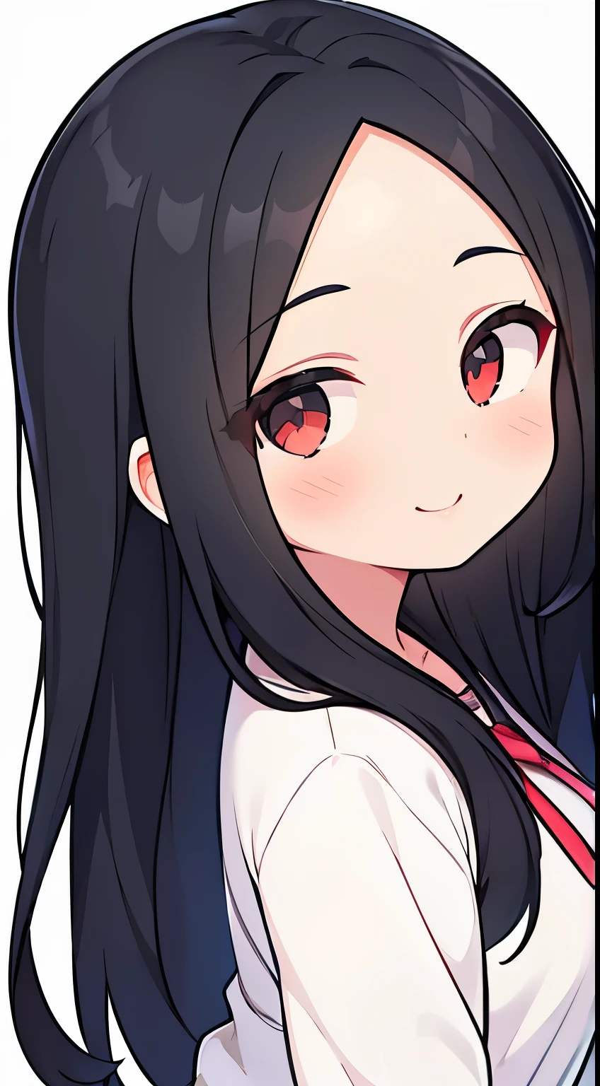 One girl with black hair, hair length until bust, straight hair, hair parted in center of head, round face. hairstyle with a center part, that the hair should be parted down the middle, creating a symmetrical look without any frontal hair covering the forehead. Looking straight. Looking straight at viewers. Smiling. Happy. Wearing casual shirt. Straight pose. Frontal view