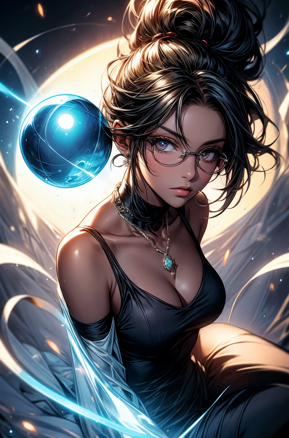 ((1girl)), anime, short dark hair, dark skin, shiny glasses lenses, mouth closed and expressionless, sitting, with her hands holding a glowing orb while two other glowing spheres orbit around her.