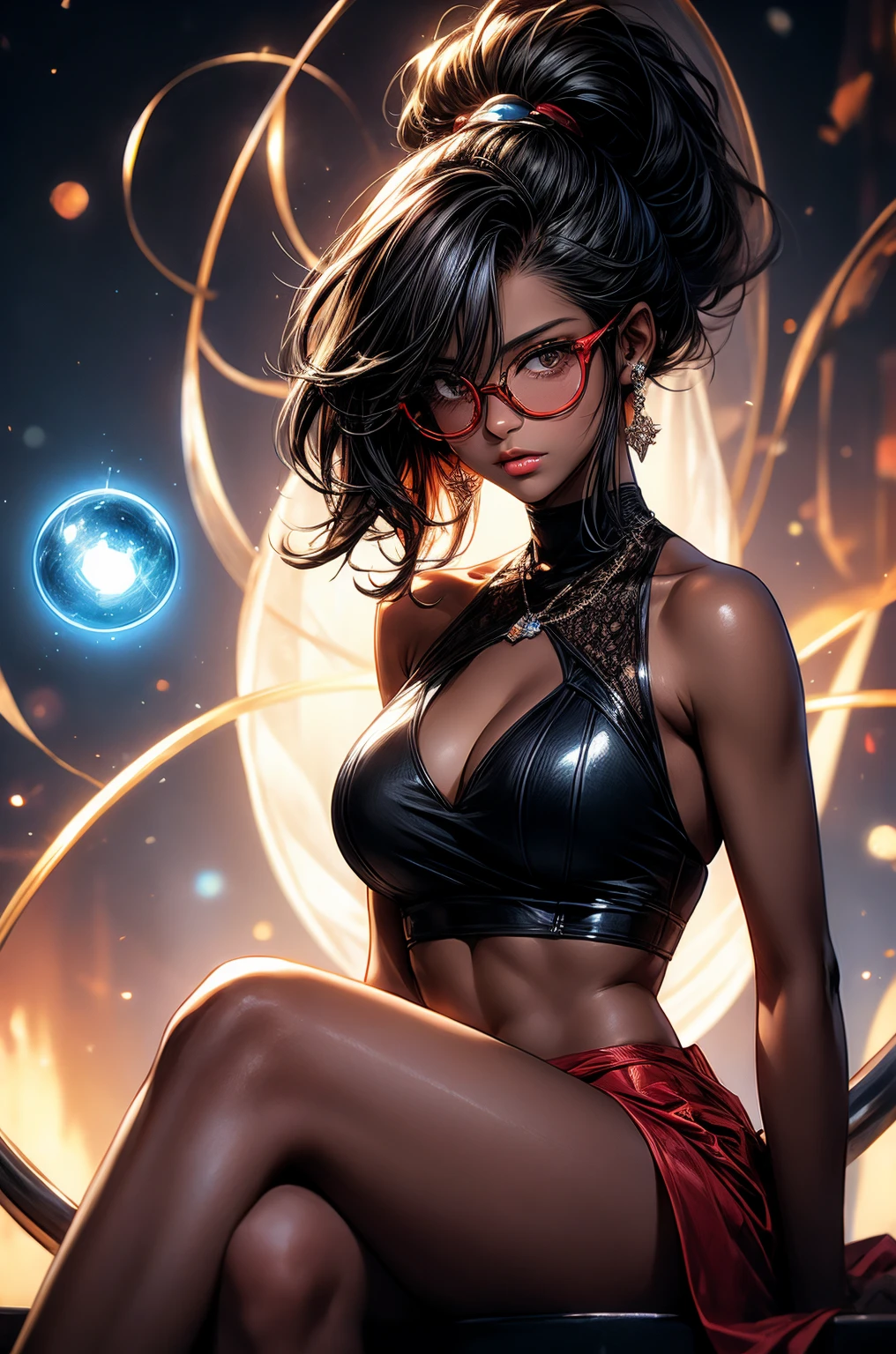 ((1girl)), anime, short dark hair, dark skin, shiny glasses lenses, mouth closed and expressionless, sitting, with her hands holding a glowing orb while two other glowing spheres orbit around her.