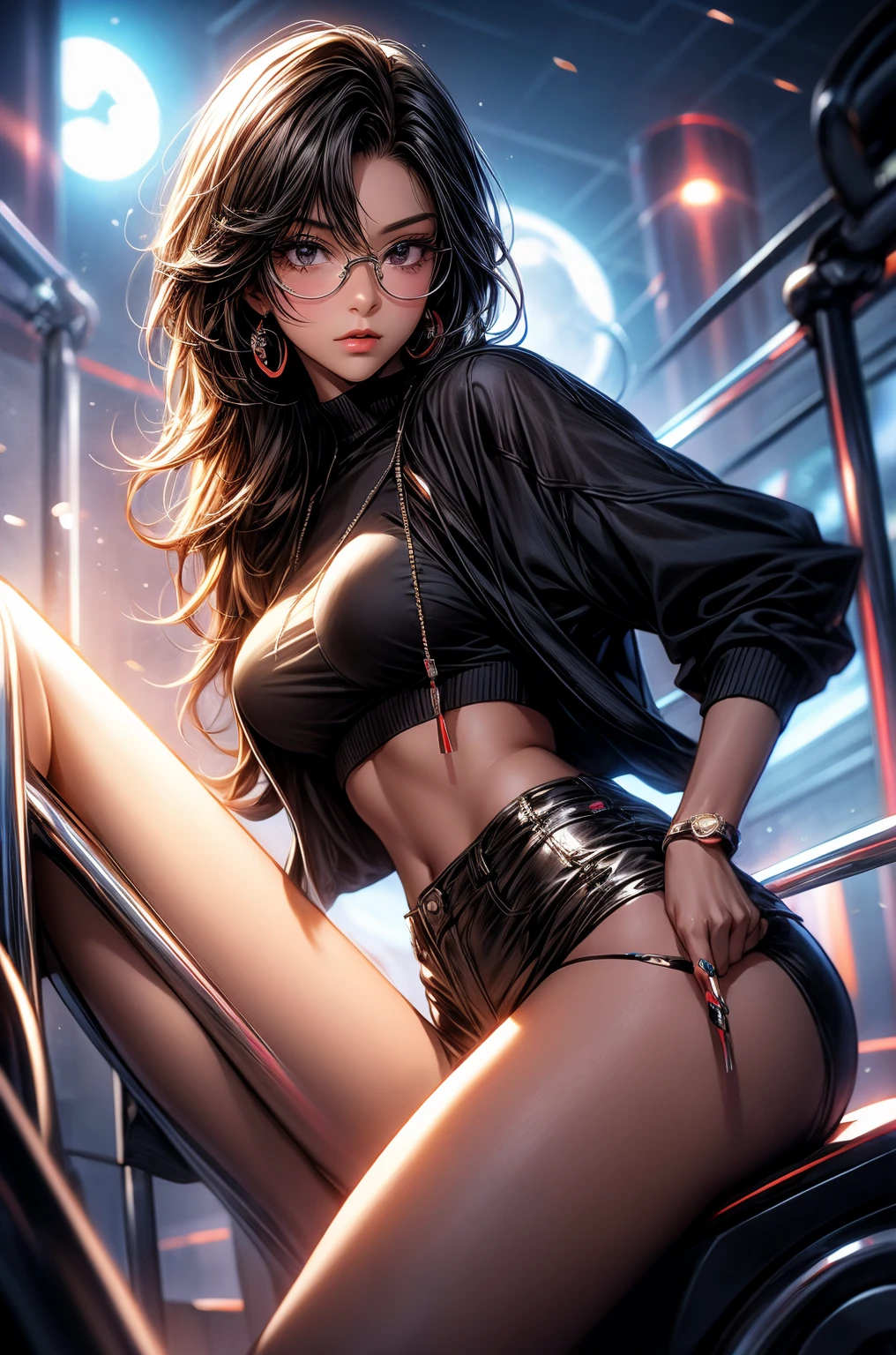 ((1girl)), anime, short dark hair, dark skin, shiny glasses lenses, mouth closed and expressionless, sitting, with her hands holding a glowing orb while two other glowing spheres orbit around her.