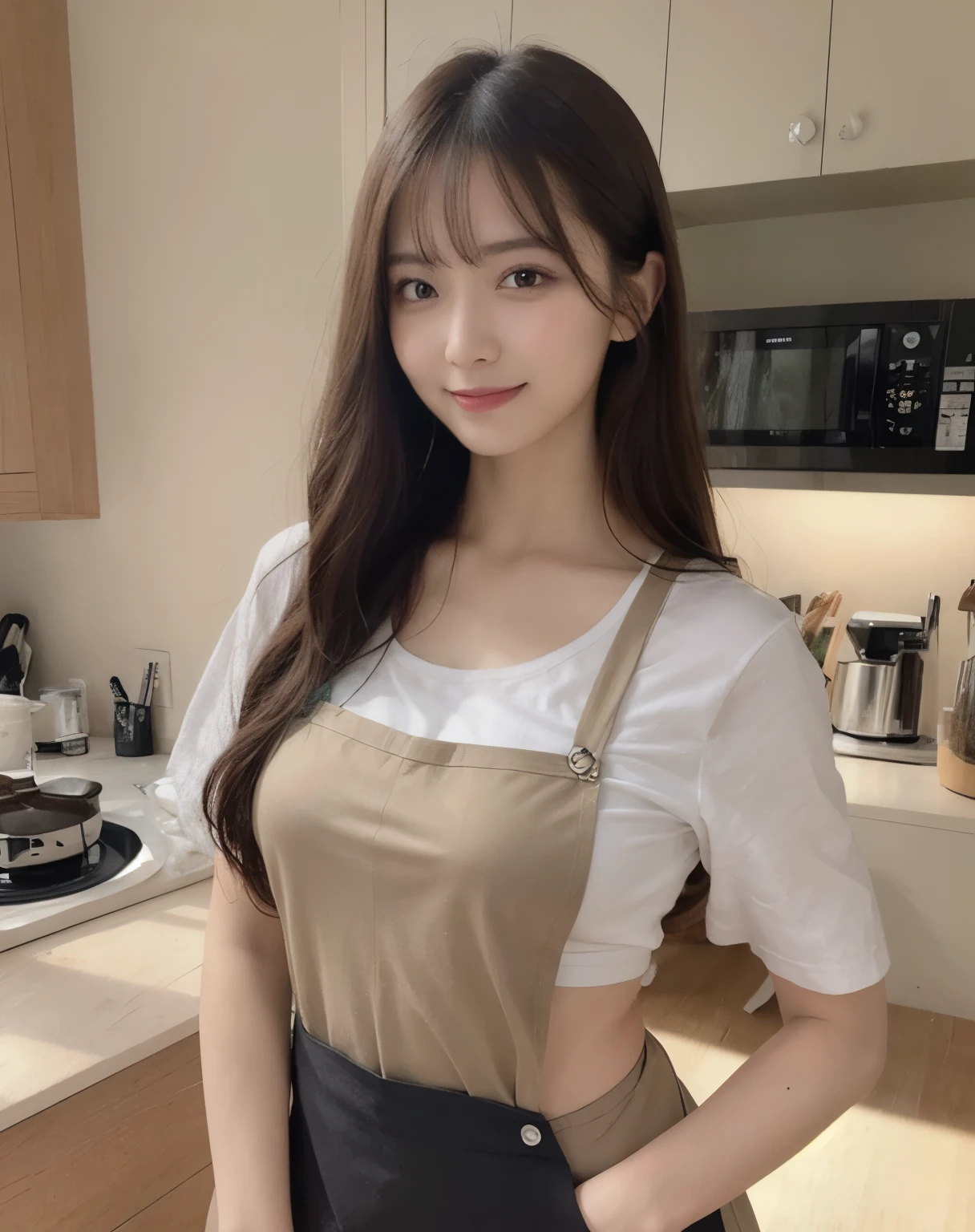 masterpiece, Best Quality, Illustration, Ultra-detailed, finely detail, high resolution, 8K Wallpaper, Perfect dynamic composition, Beautiful detailed eyes, Big breasts, Natural Color Lip, posing, Smile, (kitchen), Looking at camera, 20 years girl, full body shot, long hair, ((wearing apron)),