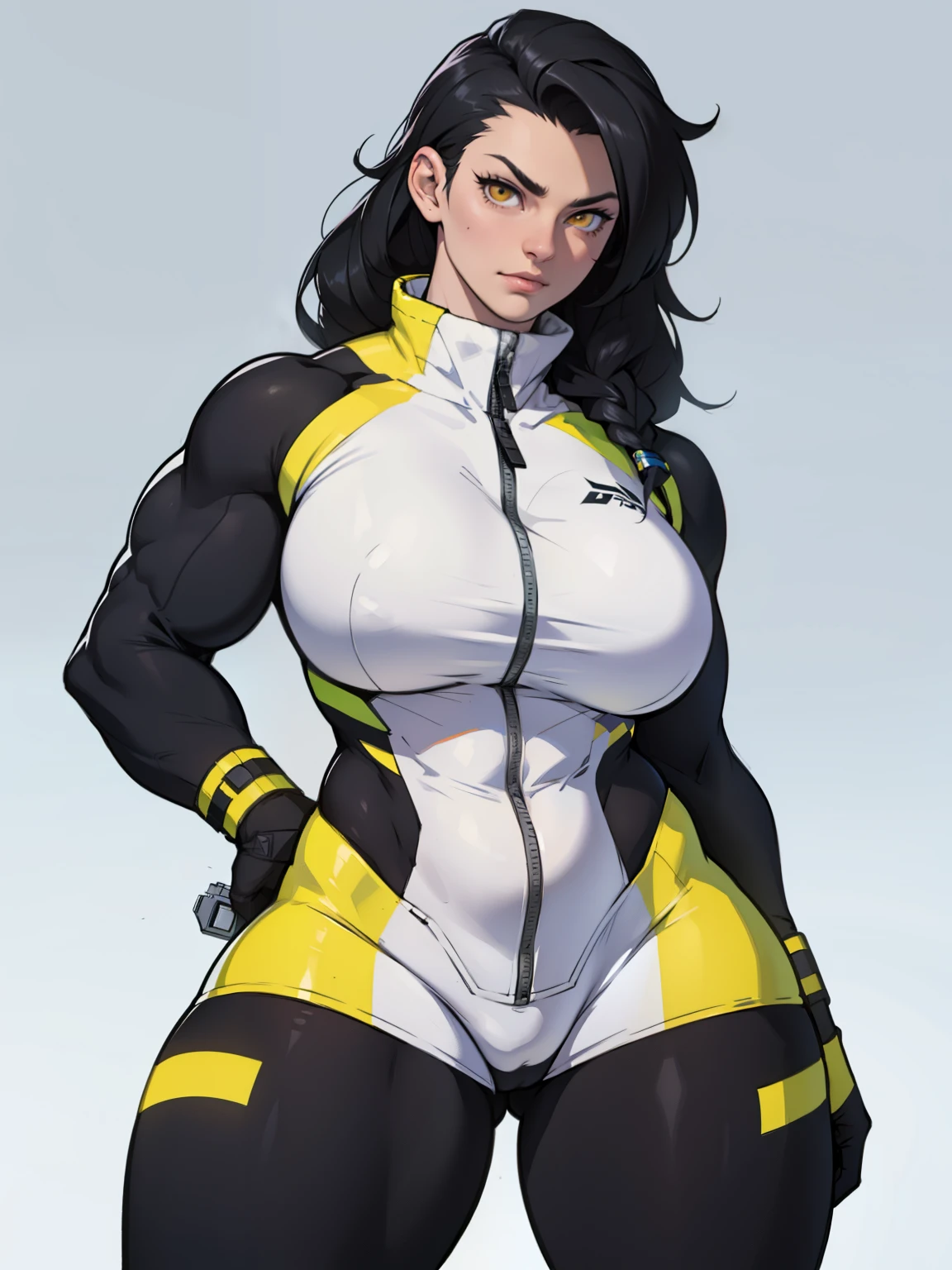 solo standing skintight ((muscular girl)) toned body massive breasts yellow eyes black hair pale skin