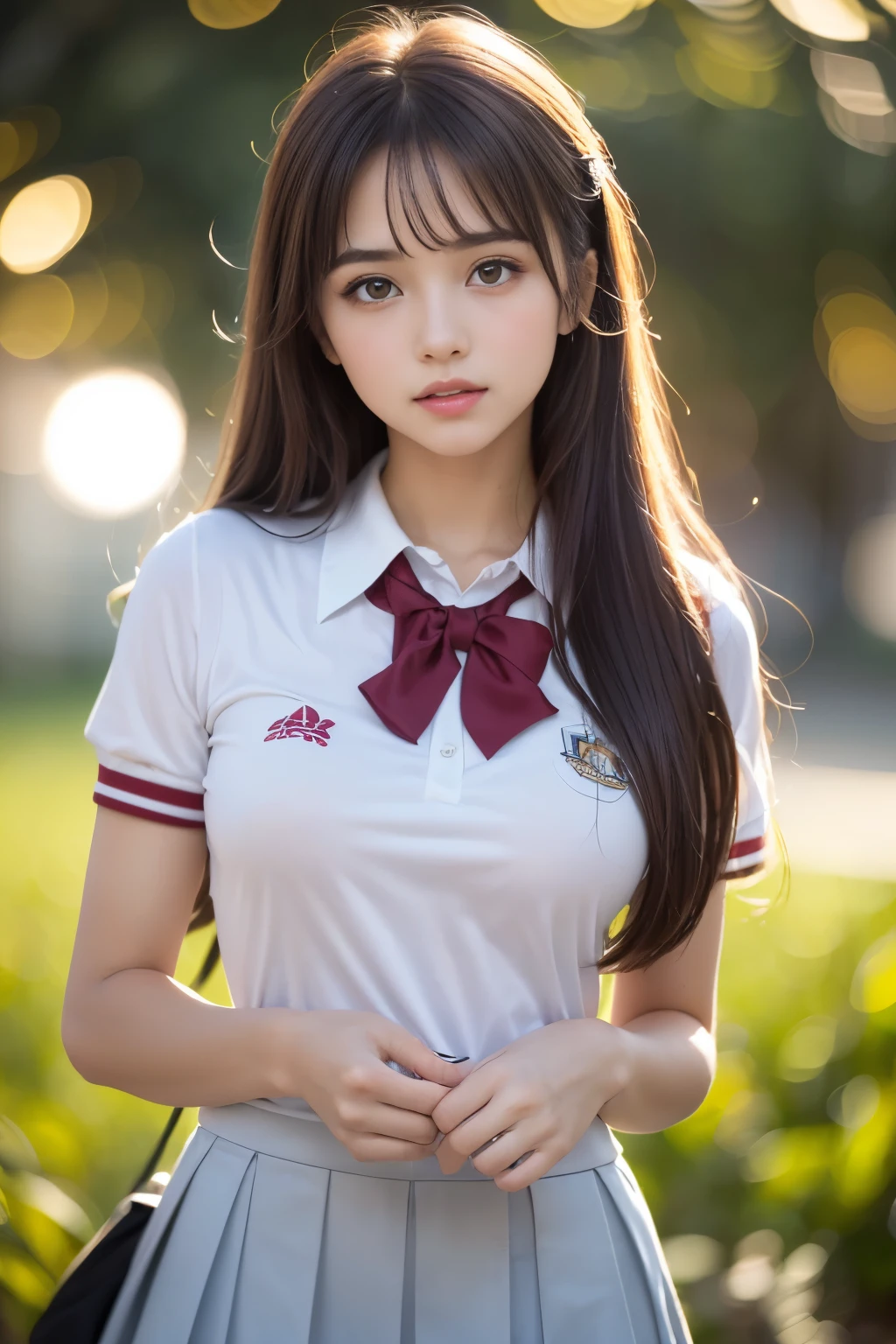 (2 cabelo loiro de menina, amazing face and eyes, olhos cor-de-rosa, (Uniforme hi-School com seios bem abertos:1.2), lindos seios grandes, bare breasts, (menina incrivelmente bonita), brown hair, (high-school uniform, minissaia plissada:1.5), ((best quality)), (ultra-detalhado), (extremamente detalhado CG unificado 8k wallpaper), altamente detalhado, high-definition RAW color photos, fotografia profissional, (((Bokeh))), profundidade de campos,