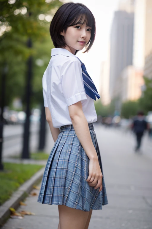 Super Detail, High quality, awardwinning, in 8K, dreamy watercolor, Solo, Shorthair, High School Uniform, White shirt, neck tie, Short pleated skirt is plaid, Socks are short, The color of the socks is dark navy, Theme color is dark navy, Full body shot, Standing in the city, Rear view,  Detailed fingers, romantic, Cinematic Light, Low angle camera,