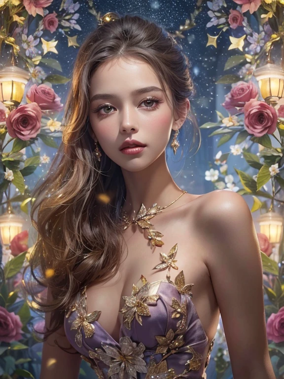 (best quality color photo of a mysterious beautiful woman in cocktail dress on a fashion magazine cover, haute couture fashion shoot:1.3),(An extremely delicate and beautiful work:1.2), (golden butterfly ,Decorations to liven up the holiday season), (Christmas illumination, pale light, soft front light, professional lighting :1.3) , elegant pose, glamorous fashion pose, the divine light, with neon lights, starrysky background, simple background, (she is the embodiment of beauty and allure, Dressed in a breathtaking and sophisticated floral dress, elegant and sophisticated fashion:1.1) ,floral couture, clothes made of flower, detailed face, looking at viewer, detailed eyes, black eyes, lustrous lips, subtle smile, forehead ,(large breast, cleavage:1.1), Gentle and enigmatic expression, High color saturation, surrealism ,(best quality, masterpiece, ultra detailed, ultra high res, photorealistic, raw photo, absurdres, absolutely resolution:1.4)