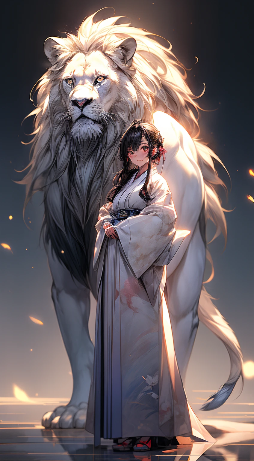 arafed asian girl in a kimono dress standing next to a large white lion, adorable digital painting, ross tran style, by Yanjun Cheng, inspired by Ross Tran, artwork in the style of guweiz, ross tran 8 k, in the style of ross tran, loish and ross tran, by Ross Tran, ross tran!!!, ross tran and studio ghibli