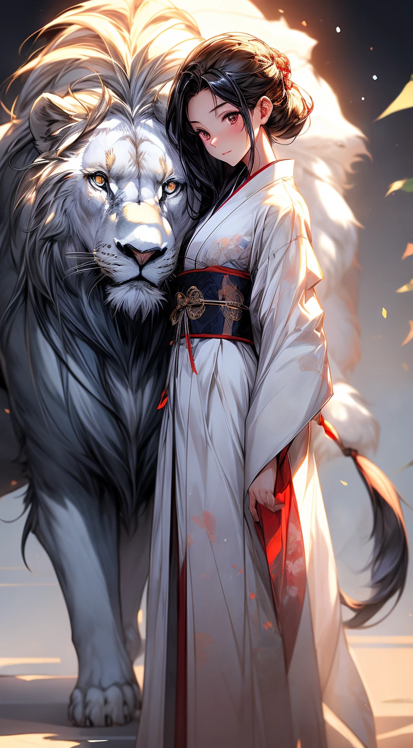 arafed asian girl in a kimono dress standing next to a large white lion, adorable digital painting, ross tran style, by Yanjun Cheng, inspired by Ross Tran, artwork in the style of guweiz, ross tran 8 k, in the style of ross tran, loish and ross tran, by Ross Tran, ross tran!!!, ross tran and studio ghibli