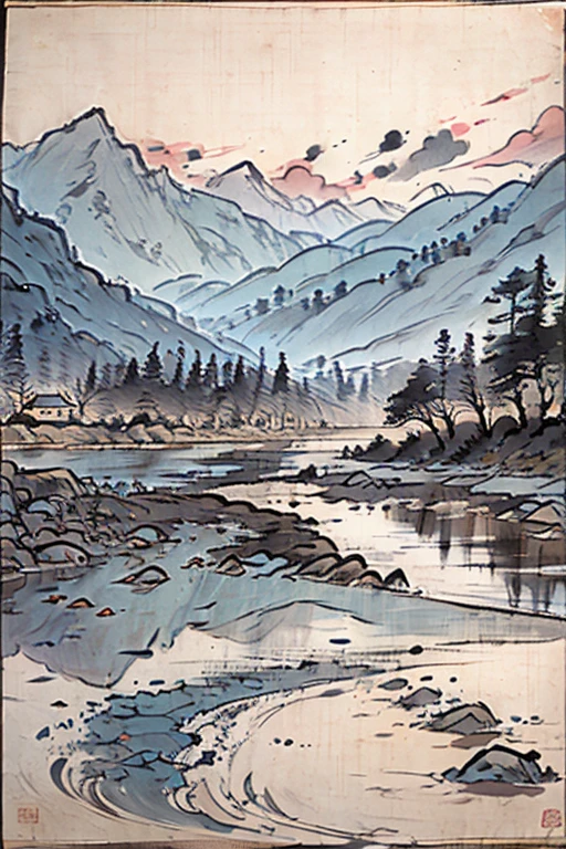 (tmasterpiece, Best quality at best: 1.2), Tradition Chinese Ink Painting, reference，A map of thousands of miles of rivers and mountains，There must be a woman in Tsing Yi in the lower left corner，Don't be big，Similar to that kind of Jiangnan water town picture