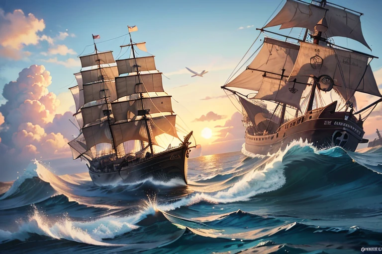 A pirate ship is sailing in the raging waves　Various pirate ships are sinking