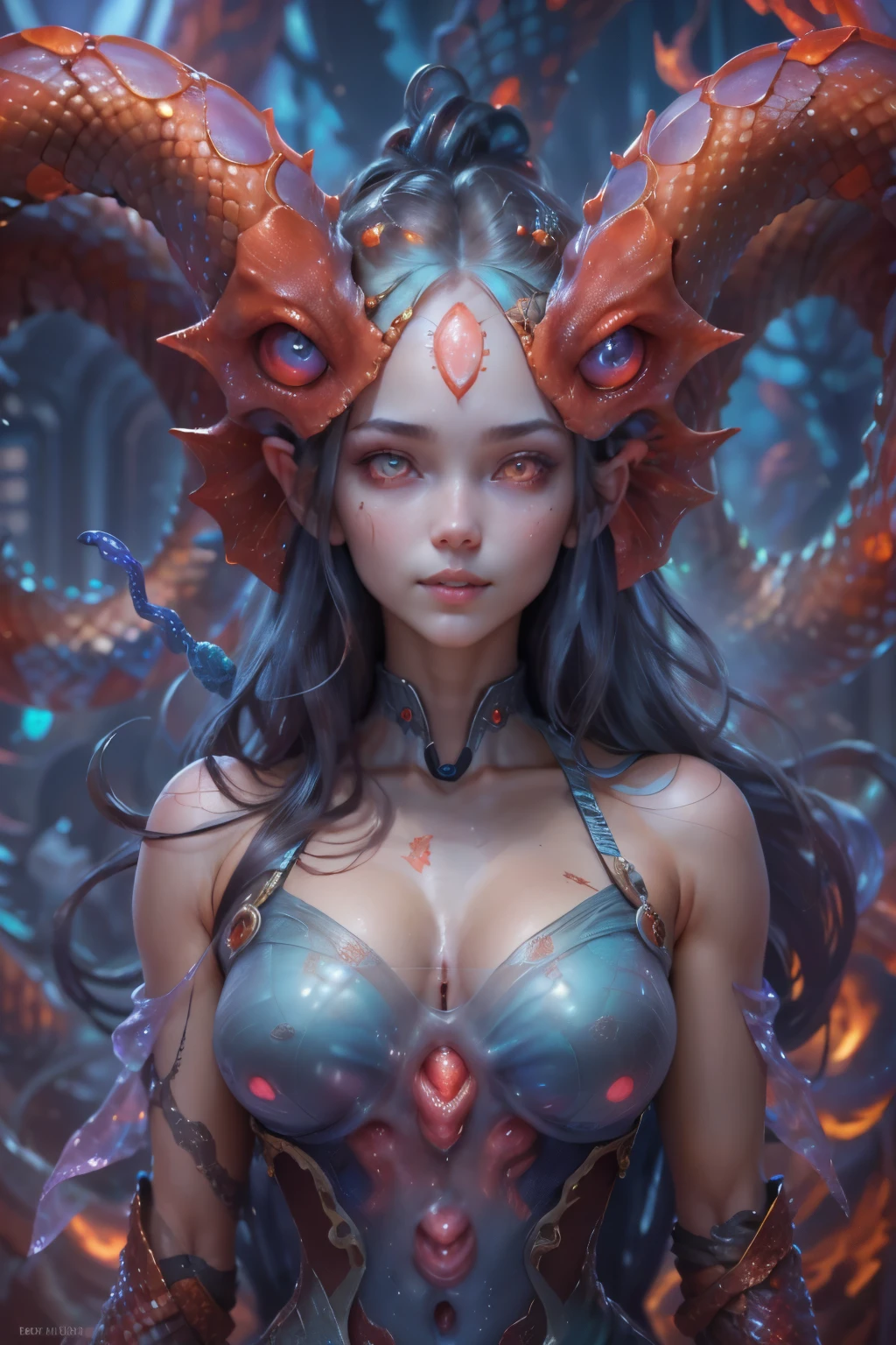 sophisticated and beautiful design, portlate, (beautiful female alien:1.2), ((There is a female genital-like organ in the middle of the forehead.:1.8)), (The most beautiful face in the history of the universe:1.2), (scarlet eyes:1.6), (Translucent skin:1.8), an evil gaze that seduces , (red eyes and snake-like eyes:1.5), Full body like, (sexypose:1.5), alien, No humans, cells are fused, (Lots of blue tentacles:1.1) (Blue skin:1.3), extraterrestrial, cell, bio image, 魅惑的, Best Quality, 8K,4K_quality, high_Definition, Dramatic Lighting, masutepiece:1.5,cinematic quality, detail up, (Intricate details:1.2), high resolution, High Definition, drawing faithfully, (Thick eyebrows:1.2), Beautiful eyes with fine symmetry, (Ultra detailed eyes:1.2),(Highly detailed face and eyes:1.2), (High-resolution red-eye:1.4), Intimate face, (Super detailed skin quality feeling:1.4), Perfect Anatomy, (Beautiful toned body:1.5), (Moist skin:1.2), No makeup, (dark circles:1.1), long canines, cinematic drawing of characters, ultra high quality model, cinematic quality, detail up, (Intricate details:1.2), high resolution, High Definition, drawing faithfully, Official art, Unity 8K wall , 8K people photography, Best Quality, Very high resolutio, ultra detailed artistic photography, midnight aura, unreal enginee 5, Ultra Sharp Focus, art by alberto seveso, ArtGerm, Roisch, , intricate artwork, Medusa, best quality,tmasterpiece,超A high resolution,(photos realistic:1.4),Ultra-realistic realism,dream-like,nautilus, Creation of fantasy, Dream Snail,Biopunk nautilus,Thrilling color schemes, Ultra-realistic realism, seductively smiling, Large mouth, thin lipss , sharpteeth