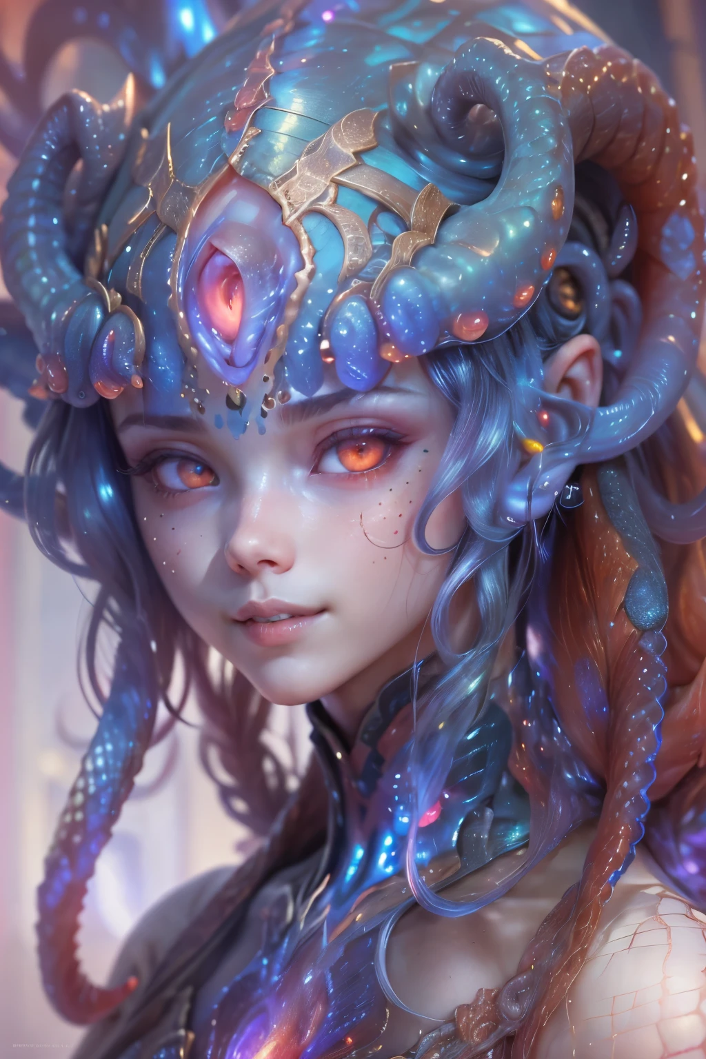 sophisticated and beautiful design, portlate, (beautiful female alien:1.2), ((There is a female genital-like organ in the middle of the forehead.:1.8)), (The most beautiful face in the history of the universe:1.2), (scarlet eyes:1.6), (Translucent skin:1.8), an evil gaze that seduces , (red eyes and snake-like eyes:1.5), Full body like, (sexypose:1.5), alien, No humans, cells are fused, (Lots of blue tentacles:1.1) (Blue skin:1.3), extraterrestrial, cell, bio image, 魅惑的, Best Quality, 8K,4K_quality, high_Definition, Dramatic Lighting, masutepiece:1.5,cinematic quality, detail up, (Intricate details:1.2), high resolution, High Definition, drawing faithfully, (Thick eyebrows:1.2), Beautiful eyes with fine symmetry, (Ultra detailed eyes:1.2),(Highly detailed face and eyes:1.2), (High-resolution red-eye:1.4), Intimate face, (Super detailed skin quality feeling:1.4), Perfect Anatomy, (Beautiful toned body:1.5), (Moist skin:1.2), No makeup, (dark circles:1.1), long canines, cinematic drawing of characters, ultra high quality model, cinematic quality, detail up, (Intricate details:1.2), high resolution, High Definition, drawing faithfully, Official art, Unity 8K wall , 8K people photography, Best Quality, Very high resolutio, ultra detailed artistic photography, midnight aura, unreal enginee 5, Ultra Sharp Focus, art by alberto seveso, ArtGerm, Roisch, , intricate artwork, Medusa, best quality,tmasterpiece,超A high resolution,(photos realistic:1.4),Ultra-realistic realism,dream-like,nautilus, Creation of fantasy, Dream Snail,Biopunk nautilus,Thrilling color schemes, Ultra-realistic realism, seductively smiling, Large mouth, thin lipss , sharpteeth