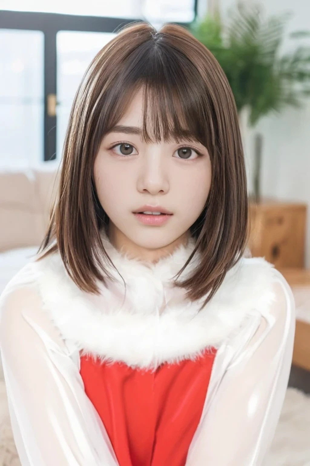 (8K、Raw photo、A hyper-realistic: 1.3)、A 17-year-old idol with a cute baby face.、(bangss、A hyper-realisticな肌の質感: 1.4)、(Looking at the camera、Patchy eyes: 1.5)、(santa costume:1.4)