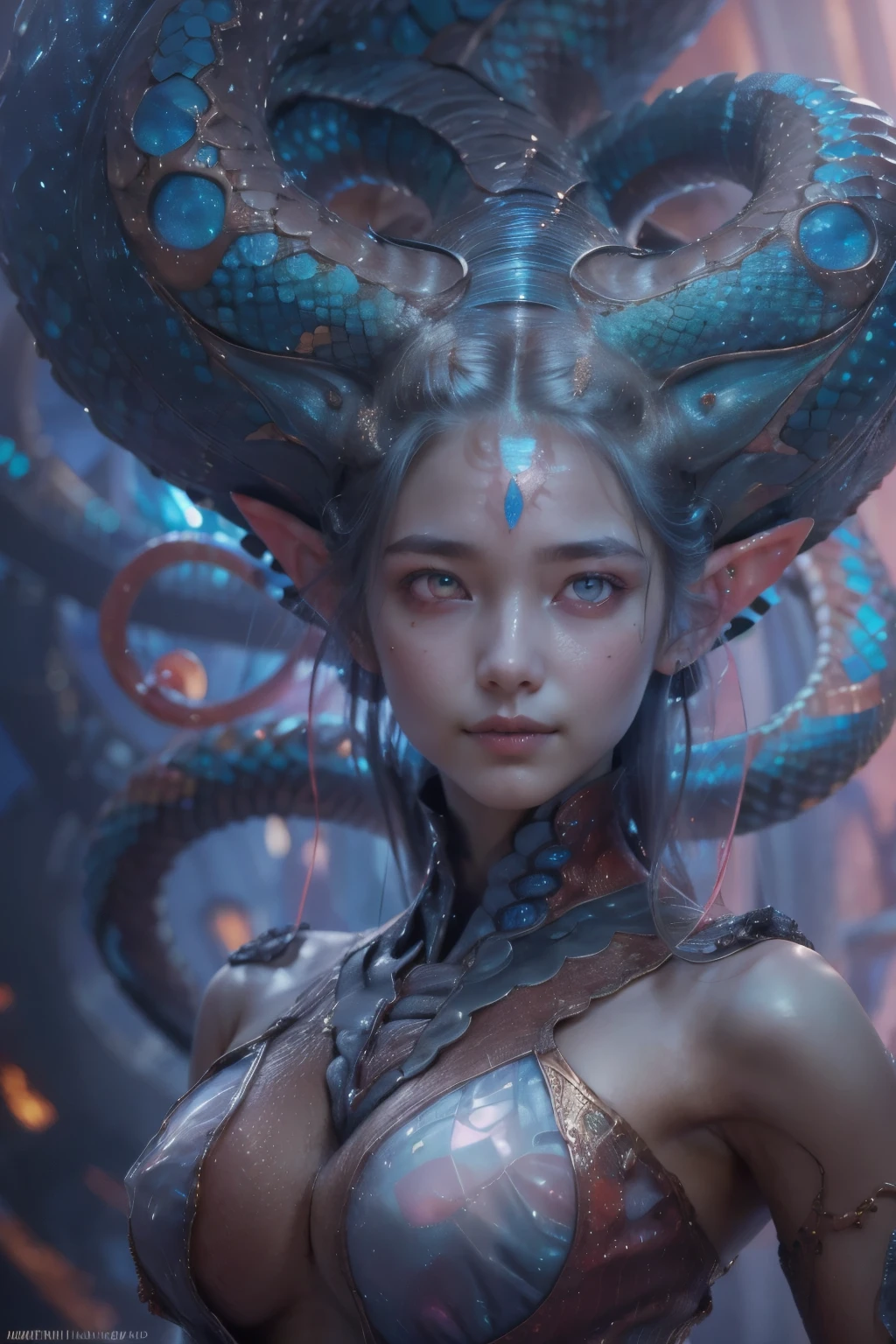 sophisticated and beautiful design, portlate,  (beautiful female alien:1.2),  ((There is a female genital-like organ in the middle of the forehead:1.8)), (The most beautiful face in the history of the universe:1.2), (scarlet eyes:1.6), (Translucent skin:1.8), an evil gaze that seduces , (red eyes and snake-like eyes:1.5), Full body like, (sexypose:1.5), alien, No humans, cells are fused, (Lots of blue tentacles:1.1) (Blue skin:1.3), extraterrestrial, cell, bio image, 魅惑的, Best Quality, 8K,4K_quality, high_Definition, Dramatic Lighting, masutepiece:1.5,cinematic quality, detail up, (Intricate details:1.2), high resolution, High Definition, drawing faithfully, (Thick eyebrows:1.2), Beautiful eyes with fine symmetry, (Ultra detailed eyes:1.2),(Highly detailed face and eyes:1.2), (High-resolution red-eye:1.4), Intimate face, (Super detailed skin quality feeling:1.4), Perfect Anatomy,  (Beautiful toned body:1.5),  (Moist skin:1.2), No makeup, (dark circles:1.1), long canines, cinematic drawing of characters, ultra high quality model, cinematic quality, detail up, (Intricate details:1.2), high resolution, High Definition, drawing faithfully, Official art, Unity 8K wall  , 8K people photography, Best Quality, Very high resolutio, ultra detailed artistic photography, midnight aura,  unreal enginee 5, Ultra Sharp Focus, art by alberto seveso, ArtGerm, Roisch, , intricate artwork, Medusa, best quality，tmasterpiece，超A high resolution，（photos realistic：1.4），Ultra-realistic realism，dream-like，nautilus, Creation of fantasy，Snail，Dream Snail，Biopunk nautilus，Thrilling color schemes， Ultra-realistic realism， abstracted, seductively smiling