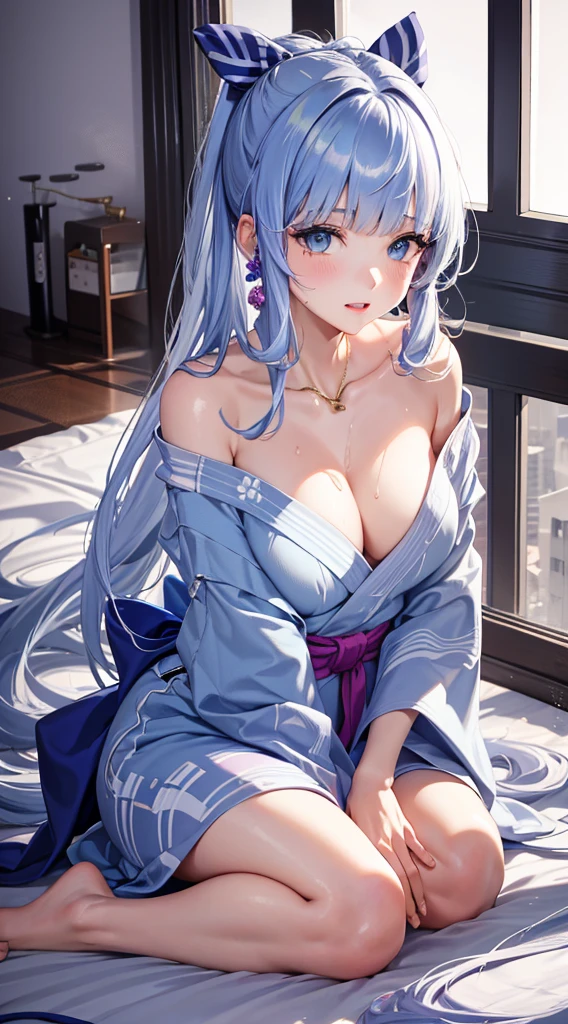 Character Details:, - Gender: 1 Girl.
- Style: Anime, - Body Type: Attractive body, slim body, nice legs, slim tights, nice arms, nice shoulders. - Breast: (Small Breast:1.2), (Cleavage:1.1), (Nice Nipple:1.1), (milk on body:1.4),.
- Facial Feature: Beautiful, Gorgeous, ager, Fresh, Young.
- Expression: Shy, Pink Blush on Face, Pink Tongue, Sexy Eyes, Sexy Look, (Sweating:1.4), Innocent Look, Tipsy. - Hairstyle: Blunt Bangs, Long Hair. - Hair Color: (Light Blue Hair:1.5), (Messy long Hair:1.3),
- Clothing: (Yukata:1.4), (Off-Shoulder:1.3),. - Body Pose: (bend over:1.4), (Hands on Knee:1.4),. - Behaviour: Waiting, Want Something, Secretly.
- Accessories: Earrings, No Hair Accessories, Environmental Details:, - Setting: Bed Room., - Lighting: Natural Light., - Decoration: Modern Bed, Chair, Window, White Curtain, City View. Top view. pov, anime style, UHD, retina, masterpiece, accurate, anatomically correct, textured skin.