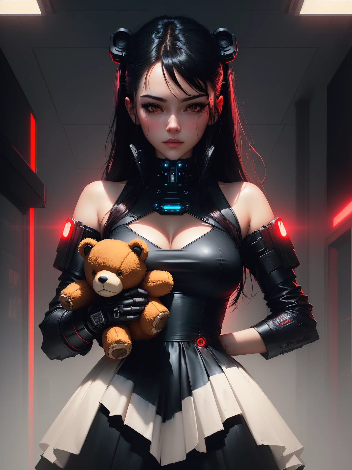 a close up of a person holding a teddy bear((holding a teddy bear)) with a red light, artwork in the style of guweiz, dark art style, dark cyberpunk illustration, fantasy dark art, dark fantasy style art, alena aenami and artgerm, cyberpunk themed art, cyberpunk dark fantasy art, cyberpunk art style, in style of dark fantasy art, dark but detailed digital art
