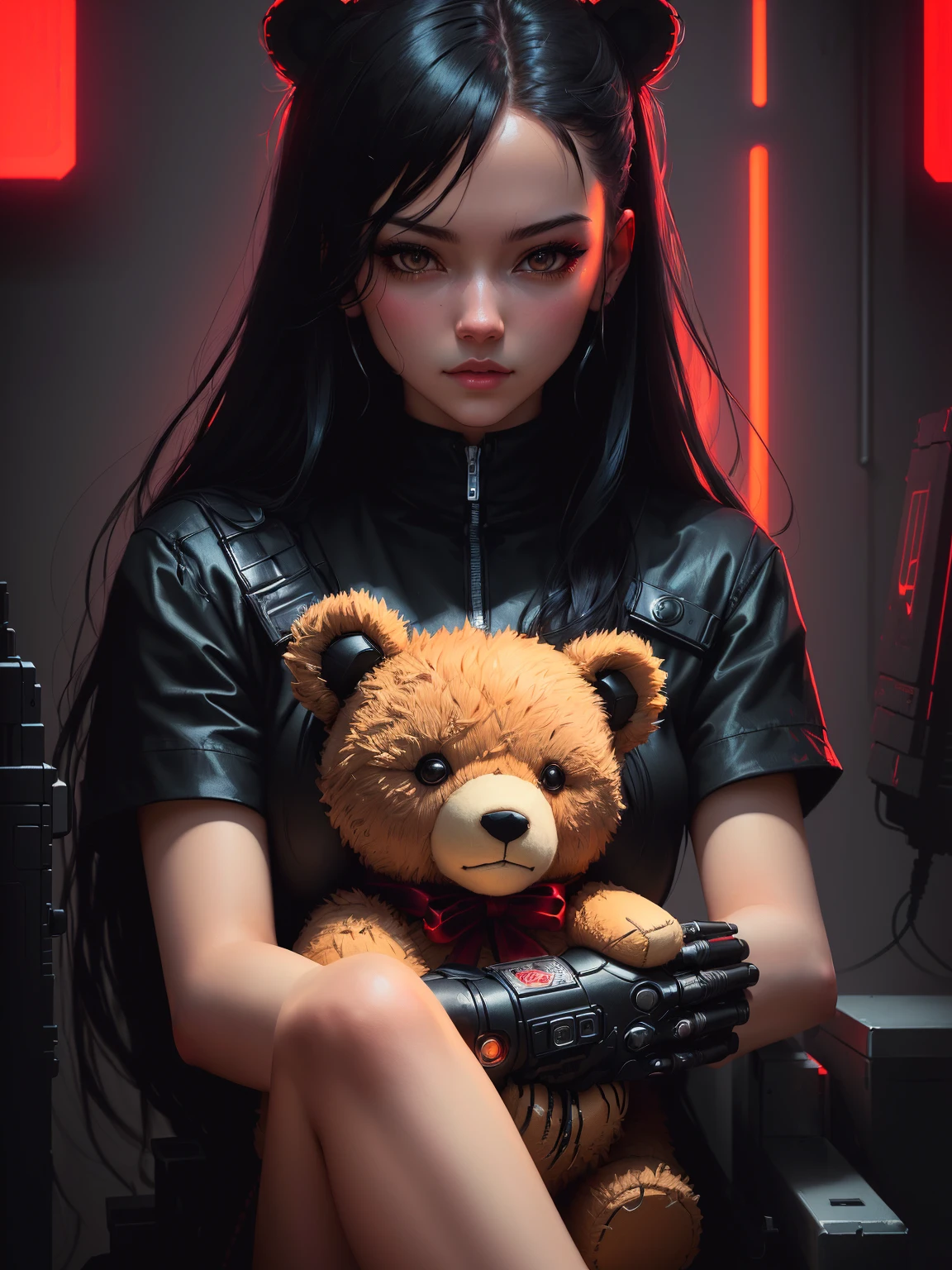 a close up of a person holding a teddy bear((holding a teddy bear)) with a red light, artwork in the style of guweiz, dark art style, dark cyberpunk illustration, fantasy dark art, dark fantasy style art, alena aenami and artgerm, cyberpunk themed art, cyberpunk dark fantasy art, cyberpunk art style, in style of dark fantasy art, dark but detailed digital art