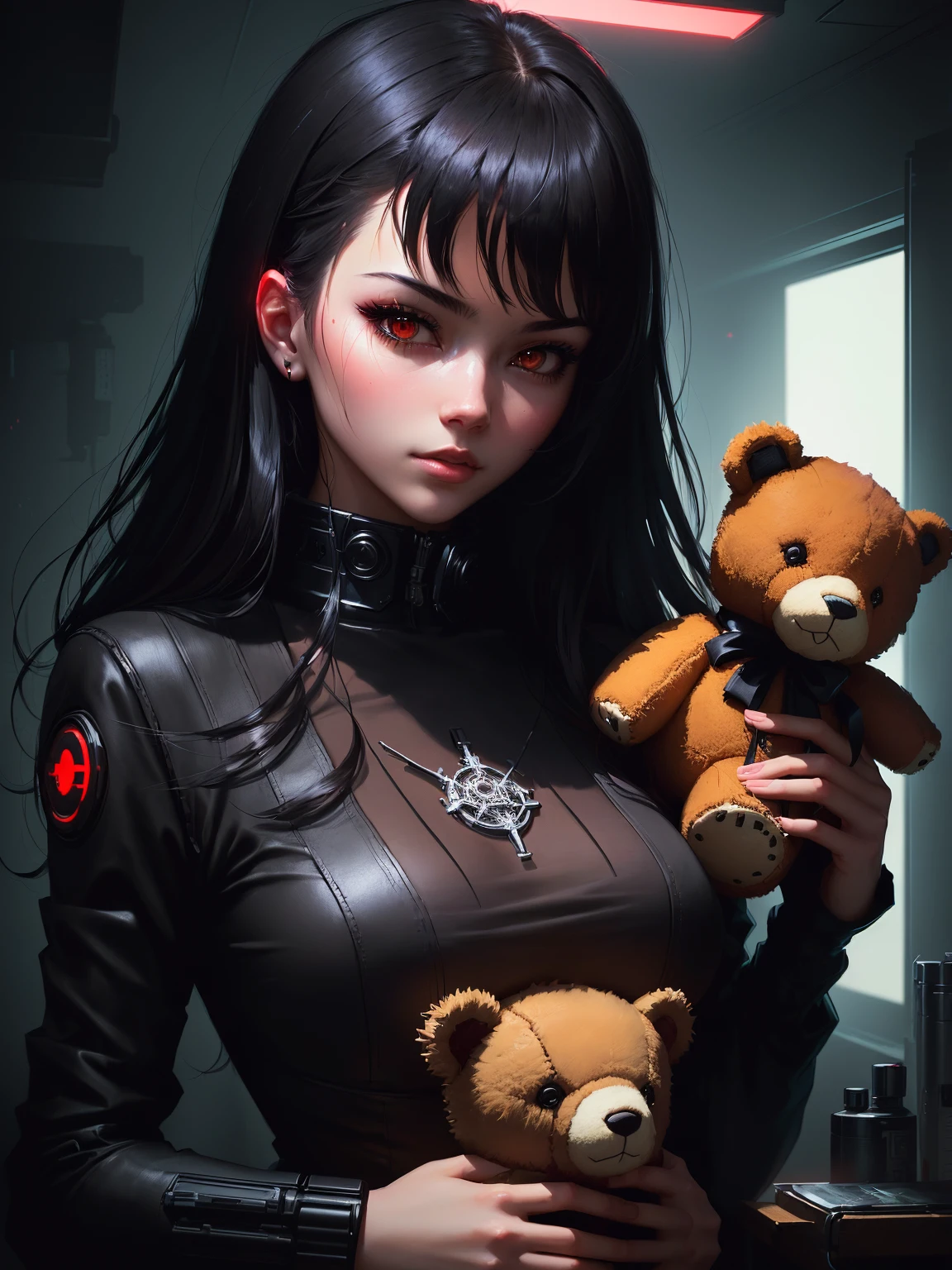 a close up of a person holding a teddy bear((holding a teddy bear)) with a red light, artwork in the style of guweiz, dark art style, dark cyberpunk illustration, fantasy dark art, dark fantasy style art, alena aenami and artgerm, cyberpunk themed art, cyberpunk dark fantasy art, cyberpunk art style, in style of dark fantasy art, dark but detailed digital art