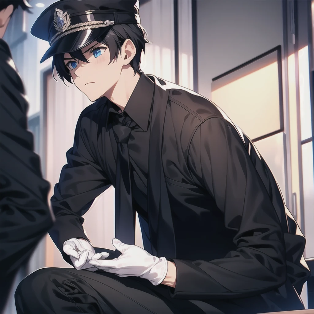  boy，Wear white gloves，Wear black long-sleeved clothes and tie，Wear a black officer's hat，Wear black pants，Wear handmade black boots，Lick one&#39;my gloves turned red，perspired，Very shy，unwind