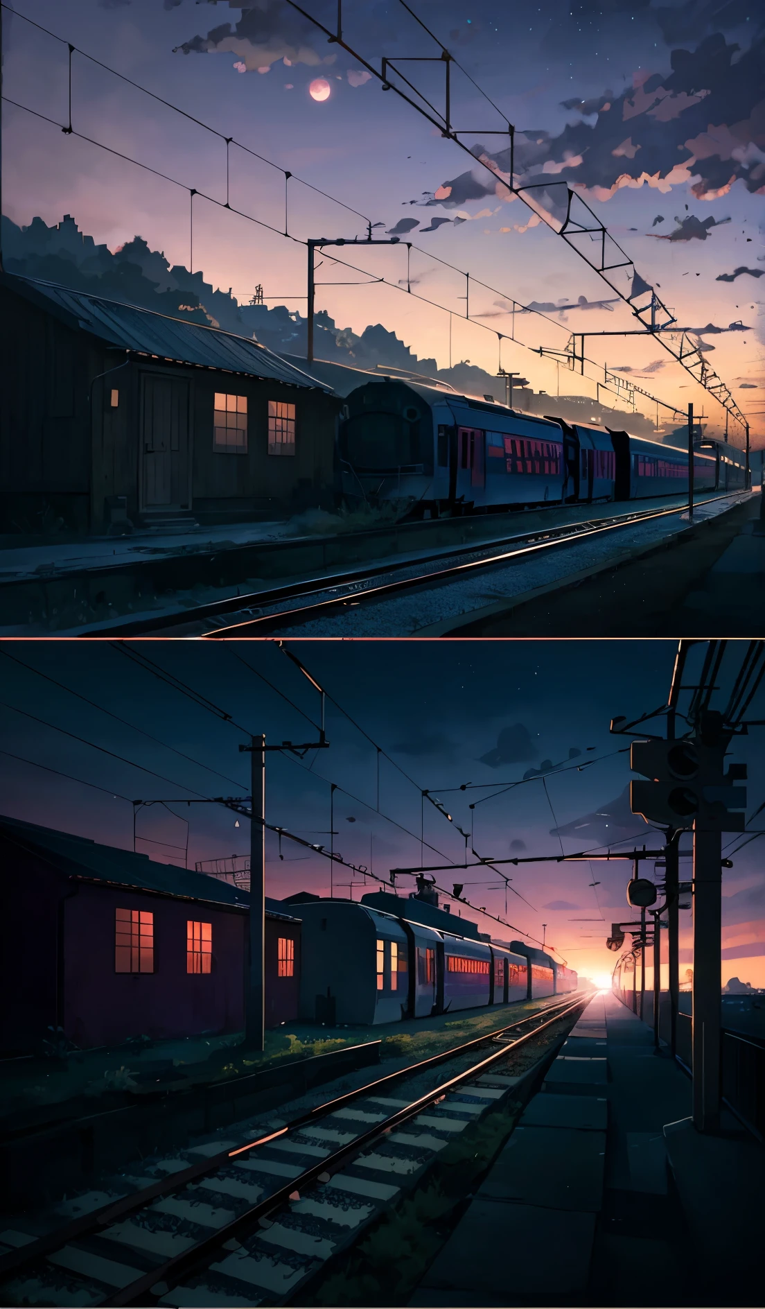 anime scene of a train passing under a pink and purple sky, an anime drawing by Makoto Shinkai, trending on pixiv, magical realism, beautiful anime scene, cosmic skies. by makoto shinkai, ( ( makoto shinkai ) ), by makoto shinkai, anime background art, style of makoto shinkai