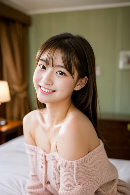 (((masterpiece))), (One beautiful Japan girl, classmates, landscape and innocence,kawaii) ,超A high resolution, Realistic, ultra-detailliert, 8K,top-quality, Extremely detailed, A slender,very beautiful japanese girl, Detailed face:1.3), (kawaii髪型,A dark-haired :1.4), (a ,kawaii系,adorable 14 year oPerfect body:1.1), Cute underwear、The best smile,Please show me your beautiful teeth, beautiful off shoulder clavicle,Super Detailed Face、Detailed lips、A detailed eye、small gravure idol,Transparent skin、Lori,Shot from directly above、sexy pose、Pink cheeks,Cozy room, Happiness and joy、Soft lighting, cosy atmosphere, Pastel color palette, peaceful ambiance、Large double bed,faint room light,beautiful wallpaper hotel room