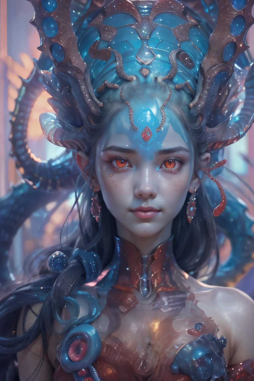 sophisticated and beautiful design, portlate,  (beautiful female alien:1.2),  (There is a female genital-like organ in the middle of the forehead:1.8), (The most beautiful face in the history of the universe:1.2), (scarlet eyes:1.6), (Translucent skin:1.8), an evil gaze that seduces , (red eyes:1.5), Full body like, (sexypose:1.5), alien, No humans, cells are fused, (Lots of blue tentacles:1.1) (Blue skin:1.3), extraterrestrial, cell, bio image, 魅惑的, Best Quality, 8K,4K_quality, high_Definition, Dramatic Lighting, masutepiece:1.5,cinematic quality, detail up, (Intricate details:1.2), high resolution, High Definition, drawing faithfully, (Thick eyebrows:1.2), Beautiful eyes with fine symmetry, (Ultra detailed eyes:1.2),(Highly detailed face and eyes:1.2), (High-resolution red-eye:1.4), Intimate face, (Super detailed skin quality feeling:1.4), Perfect Anatomy,  (Beautiful toned body:1.5),  (Moist skin:1.2), No makeup, (dark circles:1.1), long canines, cinematic drawing of characters, ultra high quality model, cinematic quality, detail up, (Intricate details:1.2), high resolution, High Definition, drawing faithfully, Official art, Unity 8K wall  , 8K people photography, Best Quality, Very high resolutio, ultra detailed artistic photography, midnight aura,  unreal enginee 5, Ultra Sharp Focus, art by alberto seveso, ArtGerm, Roisch, , intricate artwork, Medusa, best quality，tmasterpiece，超A high resolution，（photos realistic：1.4），Ultra-realistic realism，dream-like，nautilus, Creation of fantasy，Snail，Dream Snail，Biopunk nautilus，Thrilling color schemes， Ultra-realistic realism， abstracted, seductively smiling