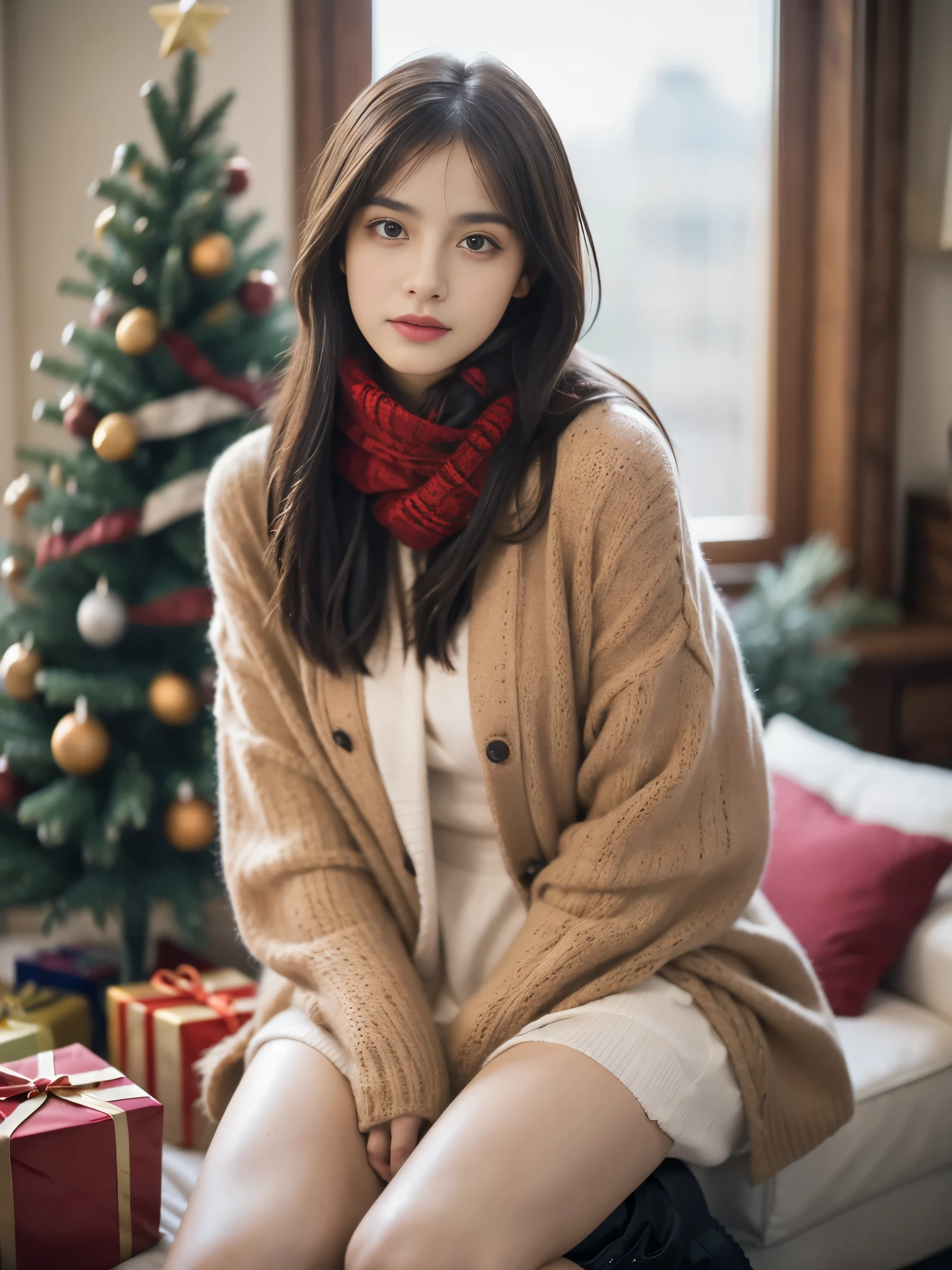 Obra maestra, La mejor calidad, ultrahigh resolution, Foto de alto detalle, Unidad 8K Fondo de pantalla, CG extremadamente detallado:1.2),(Foto RAW,:1.realistic photography:1.4), 1girll , joven, physically based representation, Lindo, (Cara finamente detallada:1.4, Ropa detallada), (Detallado:1.4) Cara hermosa, Profundidad de campo, Agregar capa, hiperrealista, 27 years old, Modelo de cuerpo perfecto, senos perfectos, 175cm de altura, pose sexy, cuerpo completo, Tipo de cuerpo del modelo, brown fur, scarf, bennie, knee thighs, Knee-high boot, christmas eve, indoor, Christmas tree, sitted, Cabello largo, Eimi Fukada, doble parpado, depth of field, cinematic lighting, blurry, glowing light, bokeh, Warm and cozy lighting