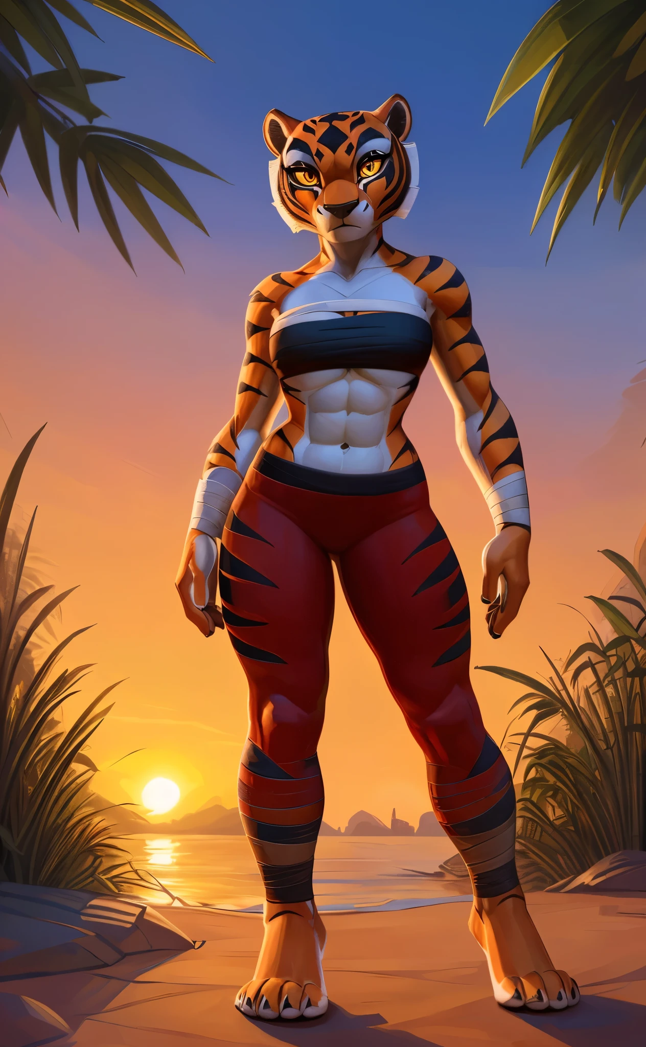 [master tigress], [Uploaded to e621.net; (Pixelsketcher), (wamudraws)], ((masterpiece)), ((HD)), ((solo portrait)), ((full body)), ((front view)), ((feet visible)), ((furry; anthro)), ((detailed fur)), ((detailed shading)), ((beautiful render art)), ((intricate details)), {anthro tiger; (orange fur), ((black stripes), black nose, (long tiger tail), (cute yellow eyes), (red pupils), (short eyelashes), (curvy hips), (defined abs), (beautiful legs), (beautiful feet), (expressionless)}, {(white bandage bandeau), (bandages a-crossed chest), (red yoga pants)}, {(standing), (looking at viewer)}, [background; (bamboo forest), (riverside), (sunrise), (orange sky), (sun rays)]