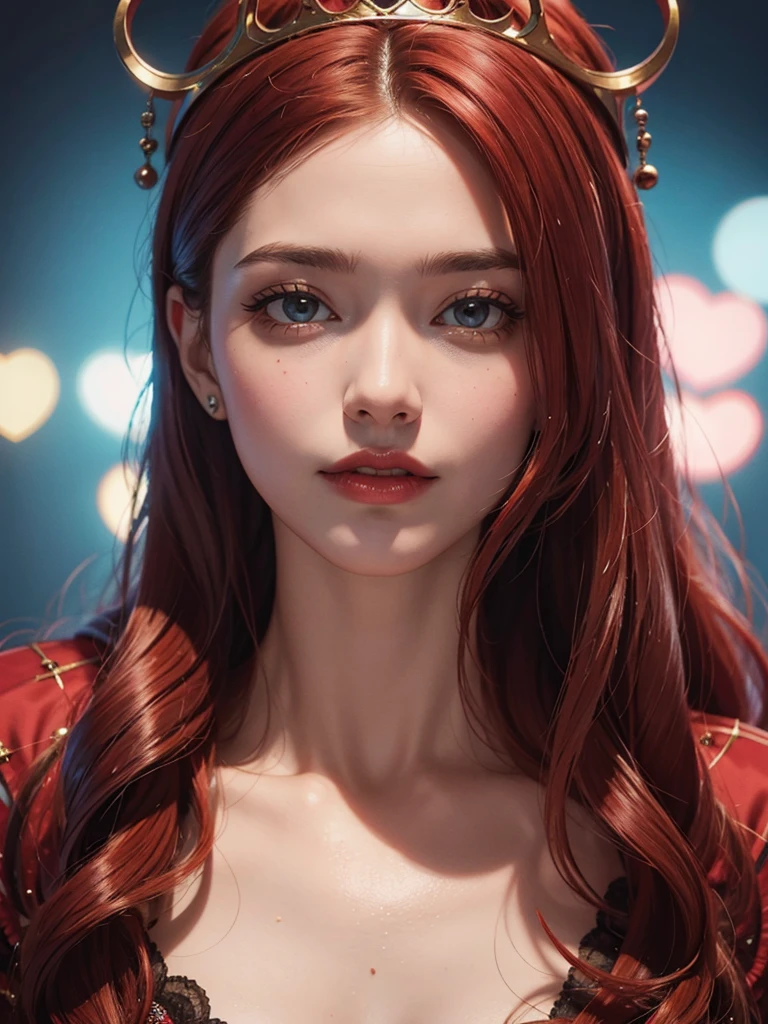 Close-up of a queen of hearts woman in Ed style, realistic Edd n Eddy, detailed art, red hair, red lipstick, red stone crown, psychedelic background, high quality graphics, bright, 8k, build a work of art with its best graphic quality, use smooth and high quality texture, close to perfection, highly detailed, soft and sharp focus, illustration, high definition, highlight lighting, contrasting with dull and dirty colors.