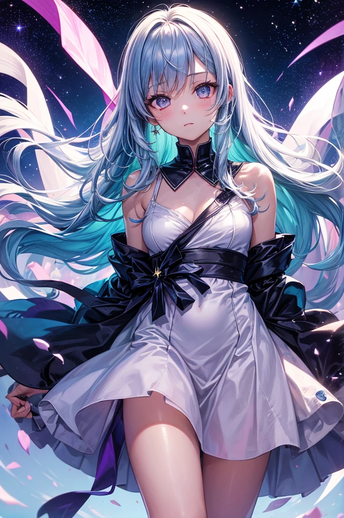 Digital illustration featuring an anime-style character with light blue hair and purple eyes. The character is dressed in a white and blue outfit with butterfly motifs, including a headpiece adorned with a butterfly. The background is a mix of dark and light shades with a butterfly design on the left side. The character is holding a glowing blue butterfly in their right hand. The overall style is fantasy-themed with a focus on ethereal and delicate elements. Cold personality. discreetly. headscarf