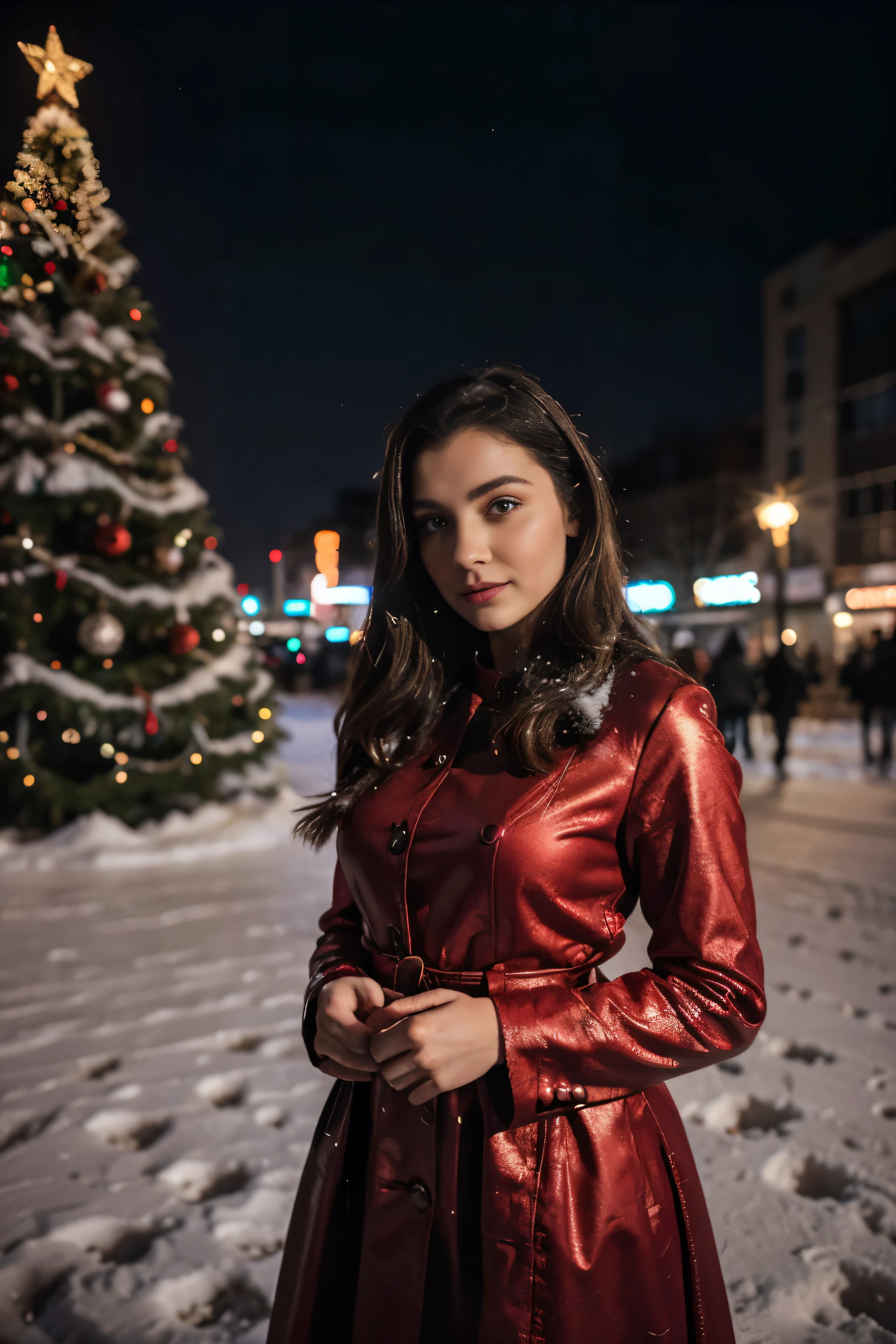 In the evening the snow was falling gently, there was a girl standing in the middle of a high-rise building, around her there were many sparkling, beautiful decorated Christmas trees, with glowing filament bulbs, the girl was beautiful. , she wore a red velvet dress,  high quality:2  raw photo, Realistic Photography