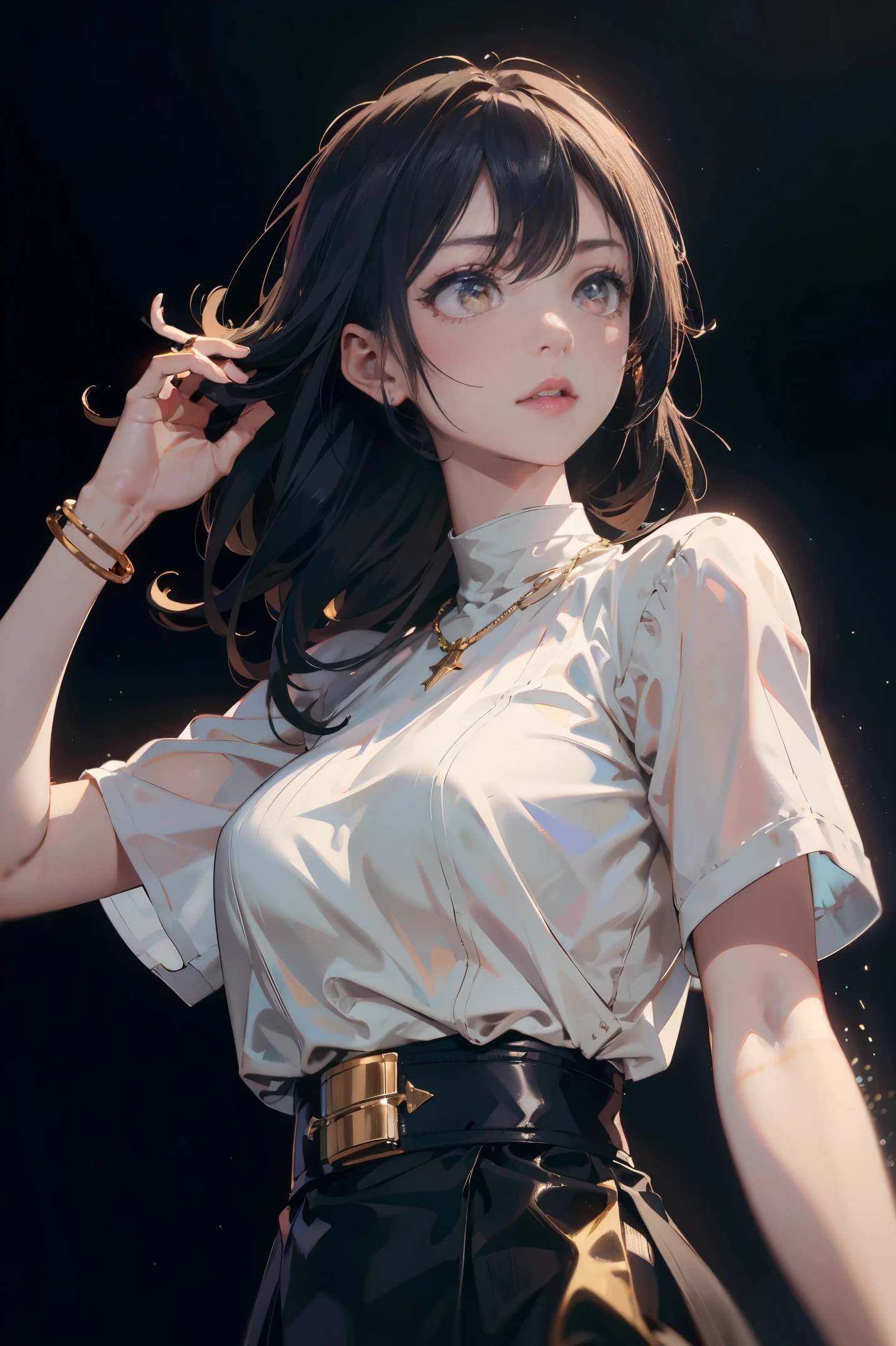 a 20 yo woman、Black blue Hair、poneyTail、(hi-top fade:1.3)、dark themed、Muted Tones、Subdued Color、highly contrast、(natural skin textures、Hyper-Realism、Soft light、sharp)、makeup, mascara, Lips are subdued or colors, simple black background, Minimalism, monotone, simple color palettes, Clean, sharp designs, flowing silhouettes, Tight skirts and pants, high-waisted skirts and pants, simple dresses, shirts and blouses, asymmetrical, geometric, Elegant and luxurious materials and designs, Simple, minimal accessories, Slim necklaces and rings in silver or gold, Simple bangles, Distinctive designs, simple silhouettes, simple and sophisticated style, elegance, minimalism, high quality materials, cool and urban impression, high fashion, simplicity and sophistication,Santa Costumes、Christmas、Christmas cosplay、The background is a Christmas tree、