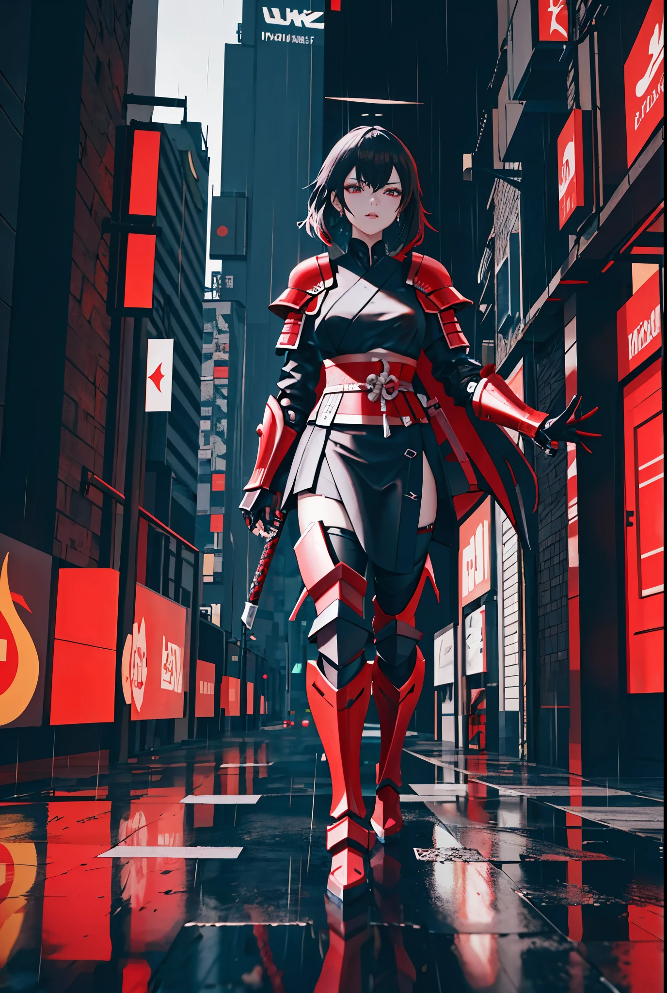 arafed woman in a red and black outfit standing in the rain, very beautiful cyberpunk samurai, black and red armor, lady in red armor, 3 d render character art 8 k, cyberpunk flame suit, amazing 8k character concept art, cyberpunk knight, black and red reflected armor, fantasy style 8 k octane render, cyberpunk samurai, female rouge assassin, cyberpunk assassin