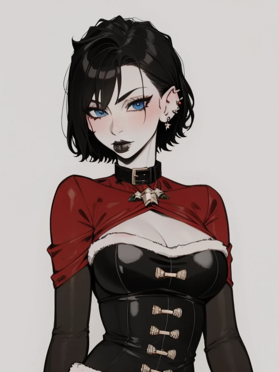 Santa goth milf, ear piercing, goth, gothic, sexy, christmas outfit, pale skin, pale blue eyes, short hair, black hair, black lipstick, santa outfit
