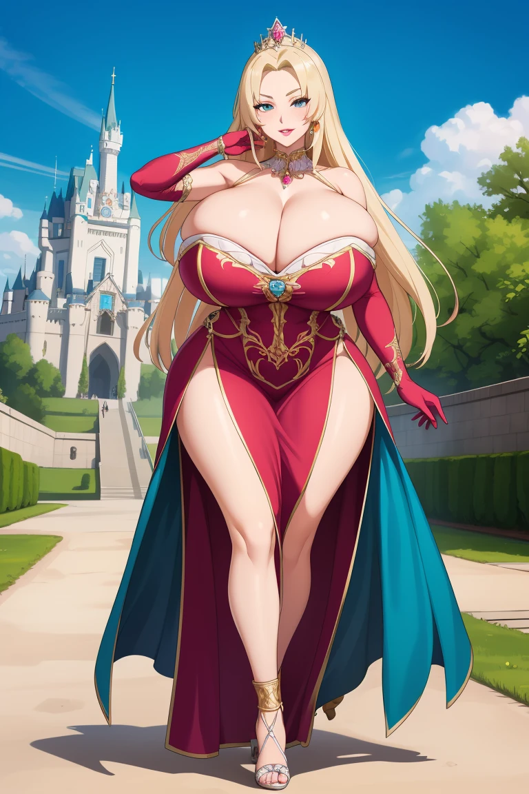 Tsunade Senju, 1 girl, ((bimbo))), long blond hair, cute smile face, puffy lips, painted lips, thick lips, wide hips, thick thighs, huge ass, craving lust face , enormous huge natural breasts, cleavage, mature mom, walking,Masterpiece,(Best Quality), (Super Detail),(Very Delicate and Beautiful),(Solo),((full body portrait)),full body,full body portrait,(detailed face and eyes),jewel-like beautiful eyes,((1 princess in a beautiful embroidery and jeweled rococo princess ballgown with voluminous full length hoop skirt)),((fantasy castle,outdoors,outside the castle)),((Crinoline,Long Train)),super detailed gorgeous princess ballgown with voluminous full length hoop skirt,jeweled Gorgeous rococo princess ballgown with long train,jeweled Gorgeous rococo princess ballgown with long train,gorgeous rococo princess ballgown with beautiful embroidery and jeweled,((large amount of straight hair,extremely voluminous Very Long straight Hair,Absolutely Long Straight Hair)),(((very gigantic boobs,cleavage))),long_gloves,extremely gorgeousfull hair ornament,bling-bling extremely gorgeousfull jeweled tiara,luxurious jewelry,full body portrait