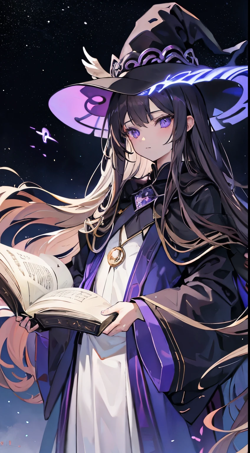 A witch，Lateral face，rosto magro，Purple-eyed，Long gray hair，a brown haired one，Wavy curly hair，Slim figure，Dark purple wizard hat，Wide edges，Peaked hat，黑色巫师robe，robe，The sleeves are longer than the wrists and hang in the air，Paused books，spread the book，French formation，Law ball，beam of light，Six-pointed stars form the background，Books fluttered around，nigh sky，sky sky，floating，Giant Dharma Array，Raise your hands to cast the light spell，，shake the earth，Destroy the world，black hole