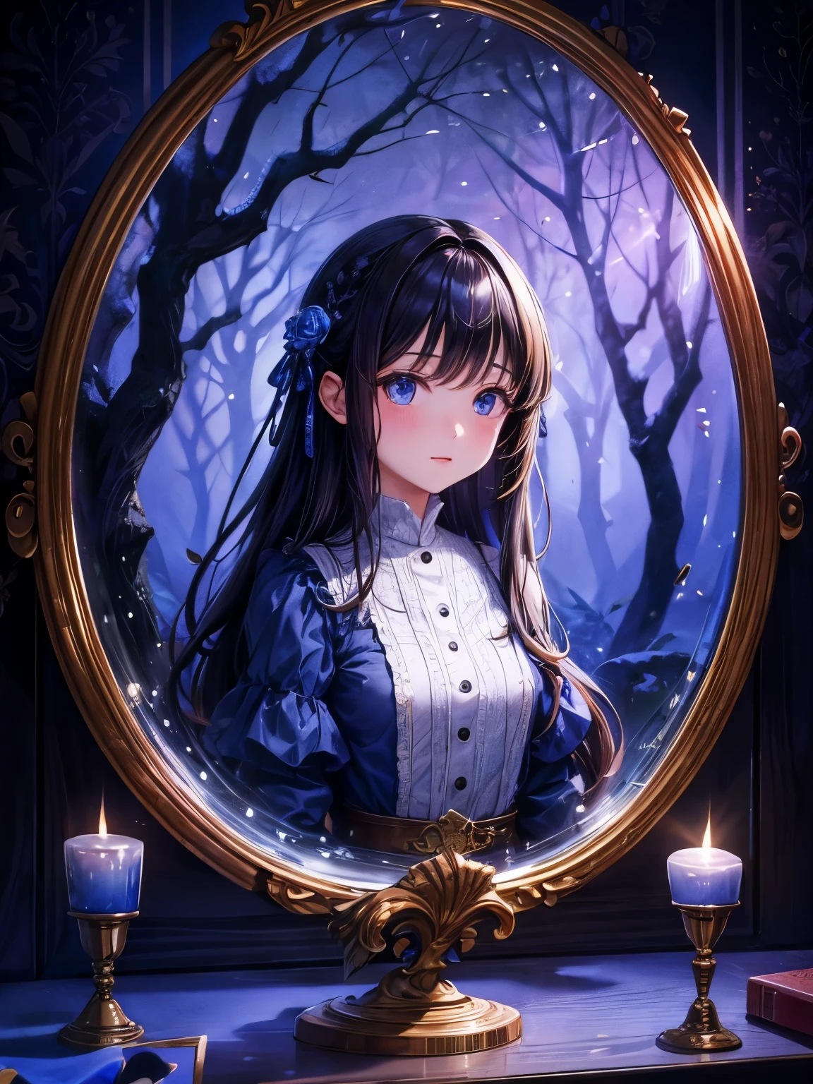 Girl trapped inside an antique magic mirror、The background is a spooky forest、Captive Princess