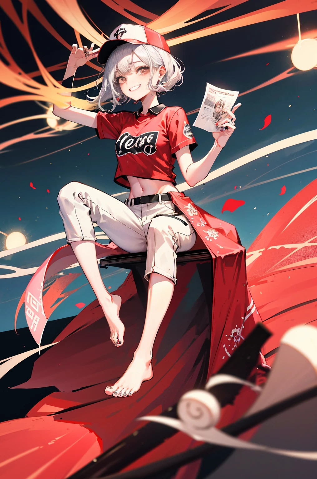 Hyper-Resolution,
(realisticlying:1.3),
(1 Slim girl), Fashionab女孩, Fashionab,
Young face, Red eye makeup，Be red in the face, (lusty  smile),
(Slim) upper legs,
baseball cap, T-shirt with missing earrings), (Loose cargo pants),
Intaglio printing,
On stage，fully body photo，The barefoot，emo girl, kawaii, silber hair,  Angelic, angel ring, lock,, The white花, The white, pure white, silvery white