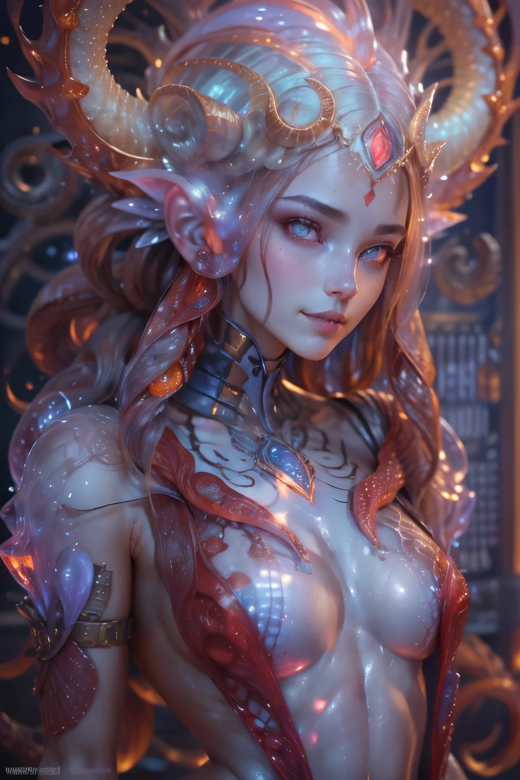 Portrait, (a beautiful female Alien:1.2), (There is a female genital-like organ in the middle of the forehead:1.8), (The most beautiful face in the history of the universe:1.2), (scarlet eyes:1.6), (Translucent skin:1.8), an evil gaze that seduces , (red eyes:1.5), Full body like, (sexypose:1.5), alien, No humans, cells are fused, (Lots of blue tentacles:1.1) (Blue skin:1.3), extraterrestrial, cell, bio image, 魅惑的, Best Quality, 8K,4K_quality, high_Definition, Dramatic Lighting, masutepiece:1.5,cinematic quality, detail up, (Intricate details:1.2), high resolution, High Definition, drawing faithfully, (Thick eyebrows:1.2), Beautiful eyes with fine symmetry, (Ultra detailed eyes:1.2),(Highly detailed face and eyes:1.2), (High-resolution red-eye:1.4), Intimate face, (Super detailed skin quality feeling:1.4), Perfect Anatomy, (Beautiful toned body:1.5), (Moist skin:1.2), No makeup, (dark circles:1.1), long canines, cinematic drawing of characters, ultra high quality model, cinematic quality, detail up, (Intricate details:1.2), high resolution, High Definition, drawing faithfully, Official art, Unity 8K wall , 8K Portrait, Best Quality, Very high resolutio, ultra detailed artistic photography, midnight aura, unreal enginee 5, Ultra Sharp Focus, art by alberto seveso, ArtGerm, Roisch, , intricate artwork, Medusa, best quality,tmasterpiece,超A high resolution,(photos realistic:1.4),Ultra-realistic realism,dream-like,nautilus, Creation of fantasy,Snail,Dream Snail,Biopunk nautilus,Thrilling color schemes, Ultra-realistic realism, abstracted, seductively smiling