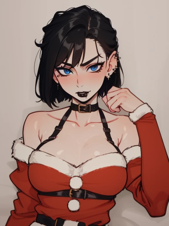 Santa punk milf, ear piercing, goth, gothic, sexy, christmas outfit, pale skin, pale blue eyes, short hair, black hair, black lipstick, santa outfit, christmas outfit, christmas, christmas, xmas