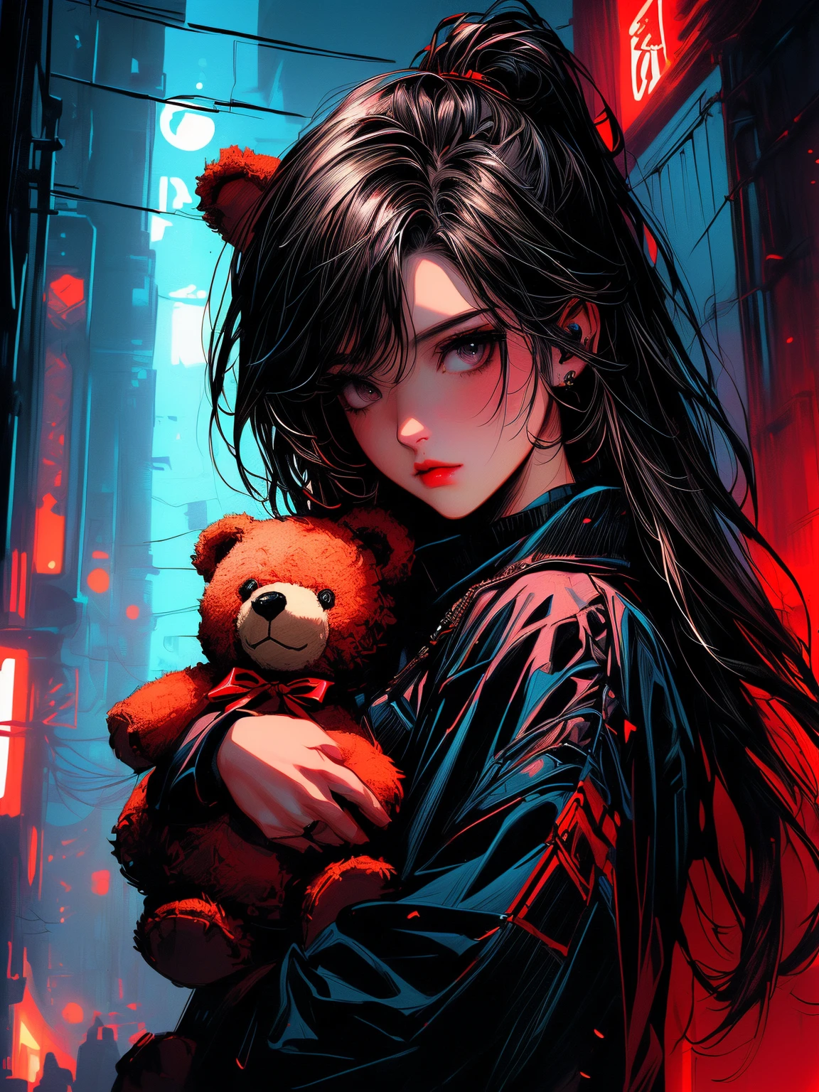 a close up of a person holding a teddy bear((holding a teddy bear)) with a red light, artwork in the style of guweiz, dark art style, dark cyberpunk illustration, fantasy dark art, dark fantasy style art, alena aenami and artgerm, cyberpunk themed art, cyberpunk dark fantasy art, cyberpunk art style, in style of dark fantasy art, dark but detailed digital art