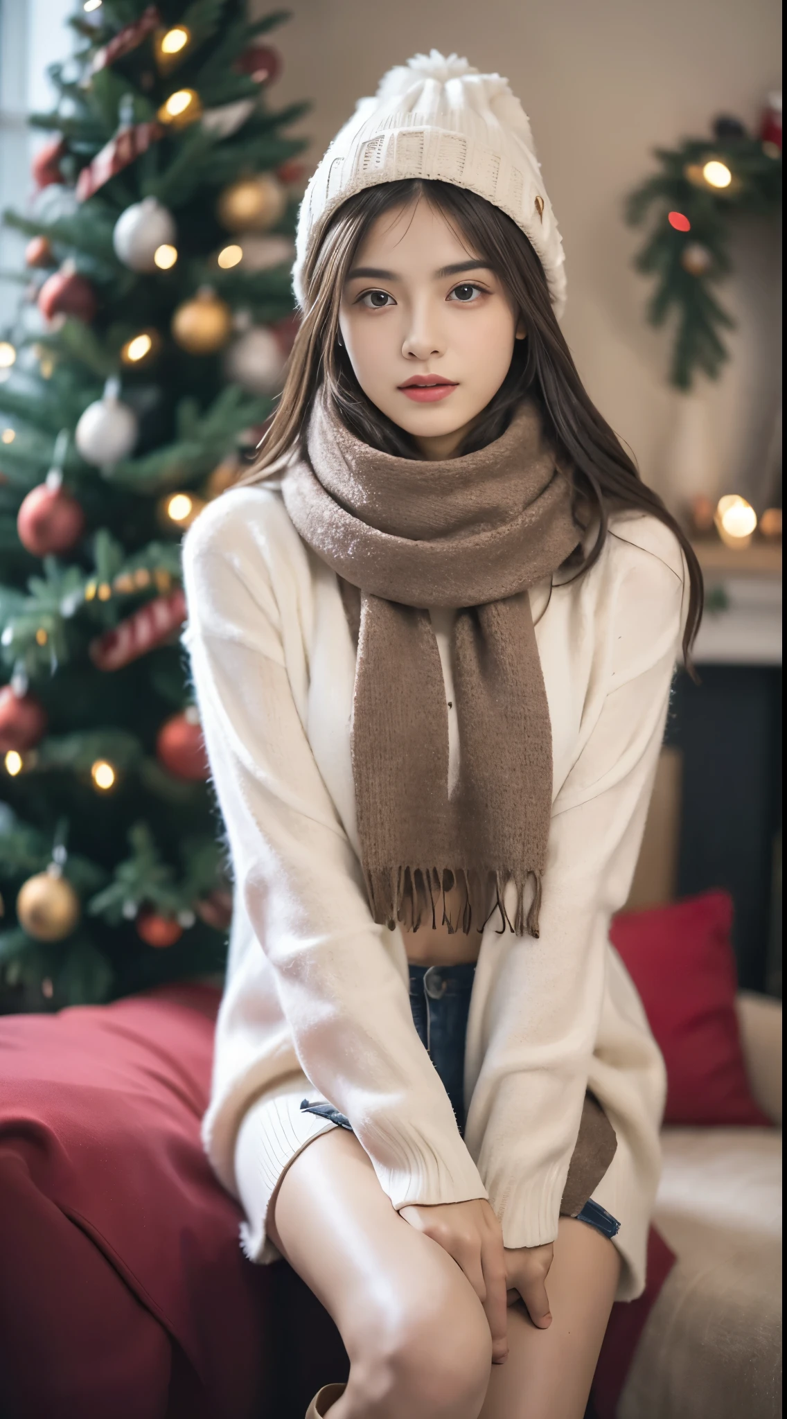 Obra maestra, La mejor calidad, ultrahigh resolution, Foto de alto detalle, Unidad 8K Fondo de pantalla, CG extremadamente detallado:1.2),(Foto RAW,:1.realistic photography:1.4), 1girll , joven, physically based representation, Lindo, (Cara finamente detallada:1.4, Ropa detallada), (Detallado:1.4) Cara hermosa, Profundidad de campo, Agregar capa, hiperrealista, 27 years old, Modelo de cuerpo perfecto, senos perfectos, 175cm de altura, pose sexy, cuerpo completo, Tipo de cuerpo del modelo, brown fur, scarf, bennie, knee thighs, Knee-high boot, christmas eve, indoor, Christmas tree, sitted, Cabello largo, Eimi Fukada, doble parpado, depth of field, cinematic lighting, blurry, glowing light, bokeh, Warm and cozy lighting