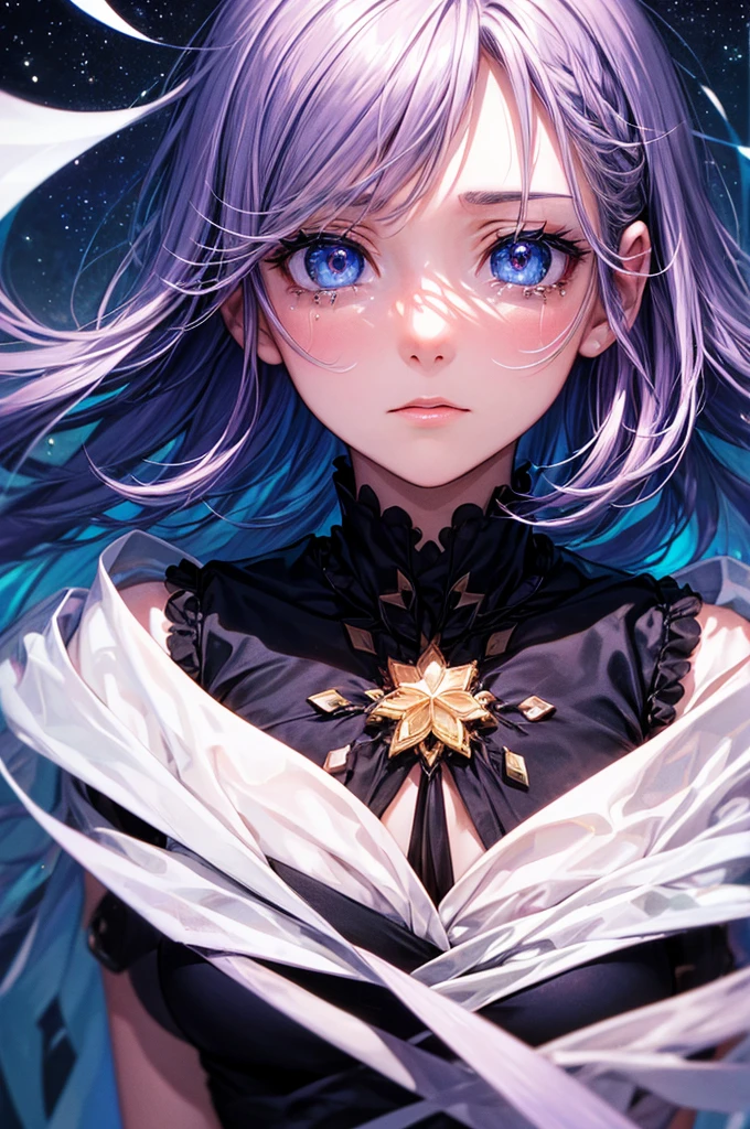 ((masutepiece,Best Quality)),(negative space:1.4),(1girl in, Solo:1.4),Beautiful detailed eyes,Floating pastel pink and lavender hair, Lavender eyes, At night, Starry sky, Shining stars, sparkling moon, Crying Girl,