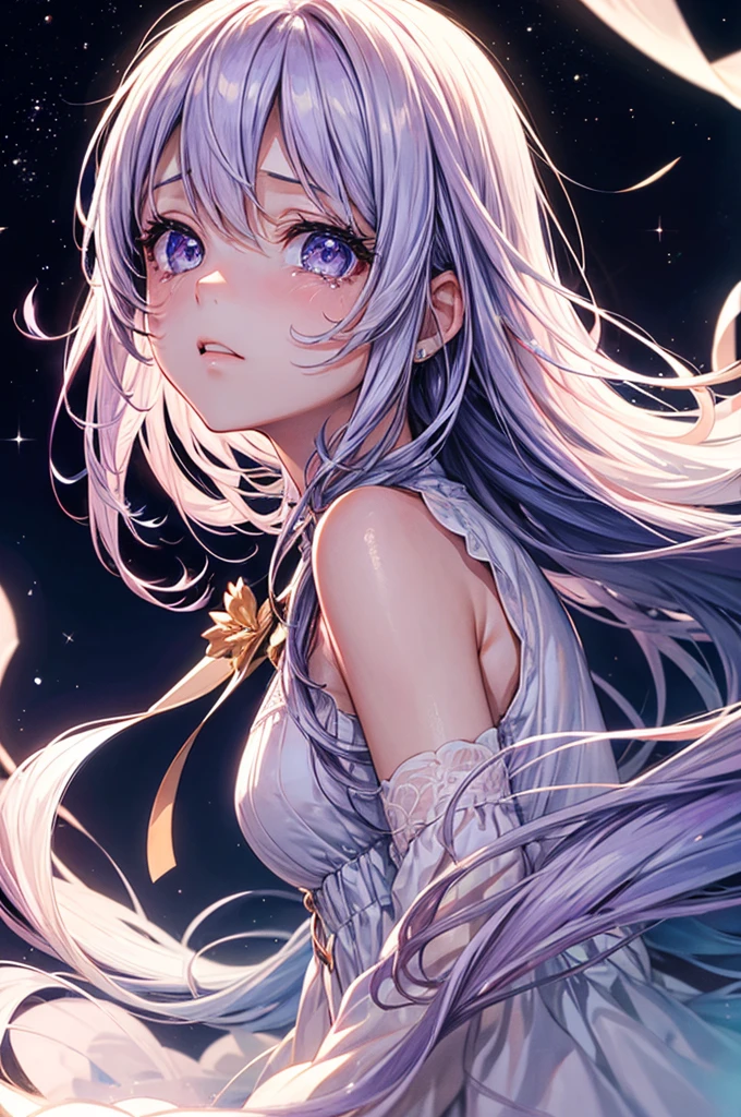 ((masutepiece,Best Quality)),(negative space:1.4),(1girl in, Solo:1.4),Beautiful detailed eyes,Floating pastel pink and lavender hair, Lavender eyes, At night, Starry sky, Shining stars, sparkling moon, Crying Girl,