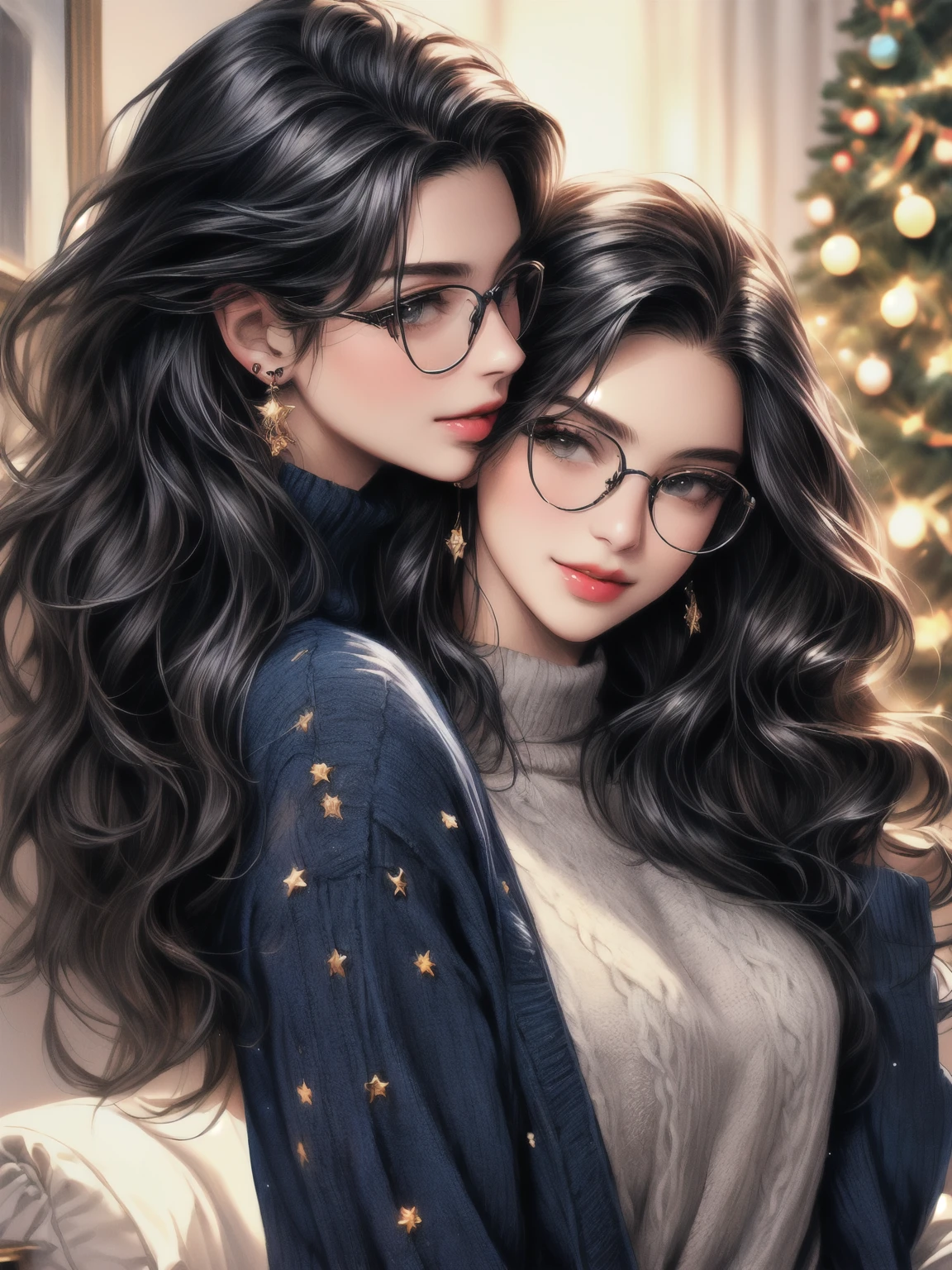 full view traditional illustration detailed, two characters, first: Clark Kent (muscular, black hair, s-curl, glasses, blue sweater) second: and Diana Prince Wonder Woman (long black wavy hair, body positive, small star stud earrings red oversized sweater), lounging together, Christmas tree decorations, rise apartment. he is looking back at Diana with a smile. wholesome, kiss on the neck, lips touching softly shiny tongue digital art